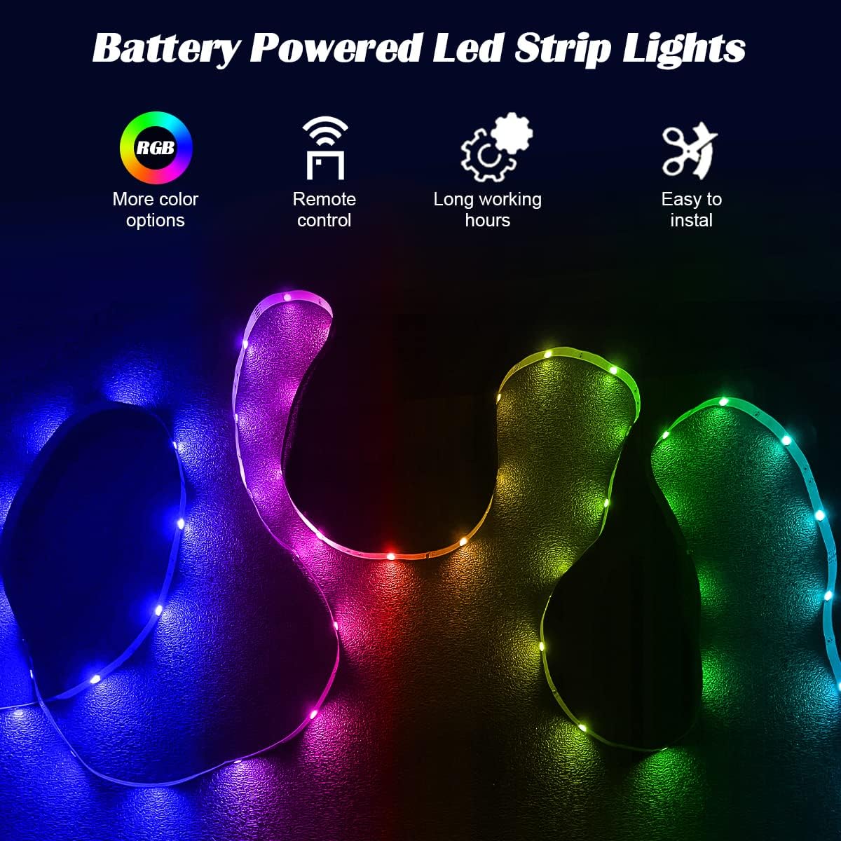 iCreating Battery Powered RGB LED Strip Light Battery RGB LED Strip Lights Kit with 16.4ft SMD 5050 Color Changing Battery RGB Light Strip Non-Waterproof, Multicolor 24Key Remote Controller
