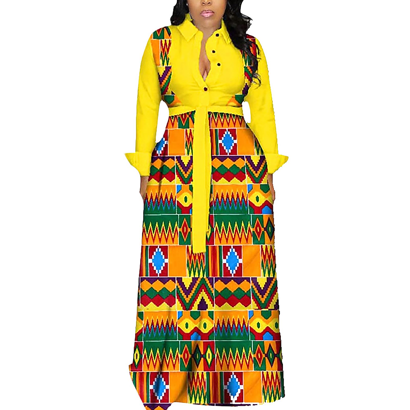 RICOCHOWomen's African Long Shirt Dress V-Neck Kente Ankara Print Belted Maxi Dress Dashiki Traditional Dress