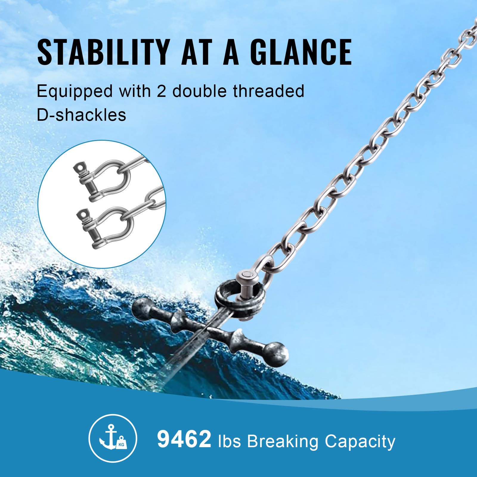 VEVOR Cadena de Ancla para Barcos 6,35 mm x 1,2 m BS, Cadena de Ancla de Acero Inoxidable 316 de Grado Marino con Grilletes de Anillo de Bloqueo Doble para Cubierta, Funciona con Varios Anclas