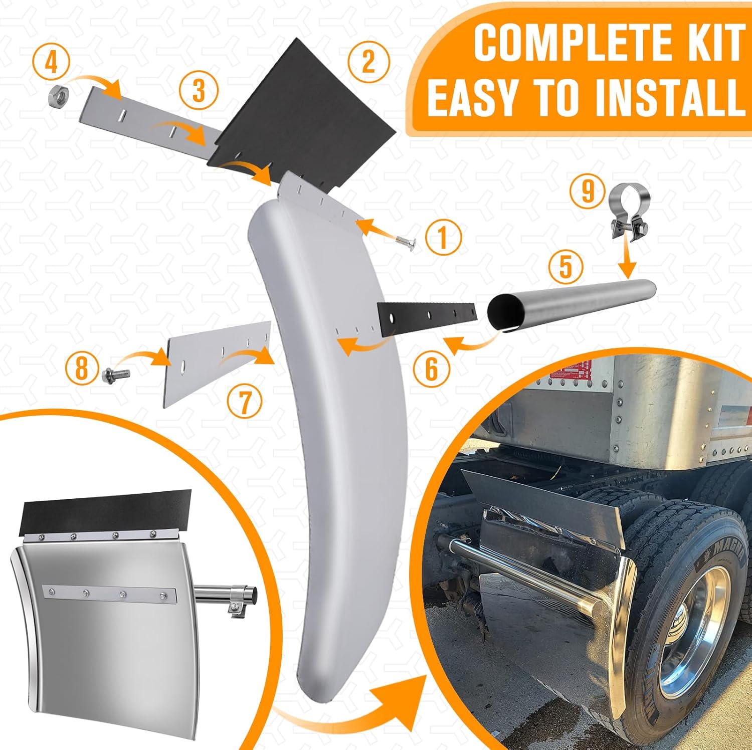 Quarter Fenders for Semi Trucks & Trailers - Stainless Steel 24" x 29", Includes Tube Bracket and Mounting Hardware, Right & Left Fender Kit, Fits Kenworth, Freightliner, Peterbilt