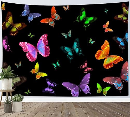 Miniatura 5 de LB Tapiz de mariposa Trippy para colgar en la pared, manta de tapiz estético psicodélico negro, decoración de pared de insectos de polilla colorida,