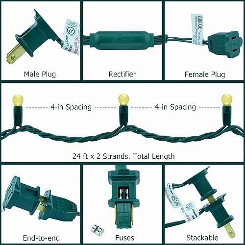 Miniatura 5 de YULETIME Luces LED de Navidad facetadas naranjas de una pieza, total de 48 pies, 140 unidades, 2 hebras de 24 pies, 70 unidades, impermeable, color