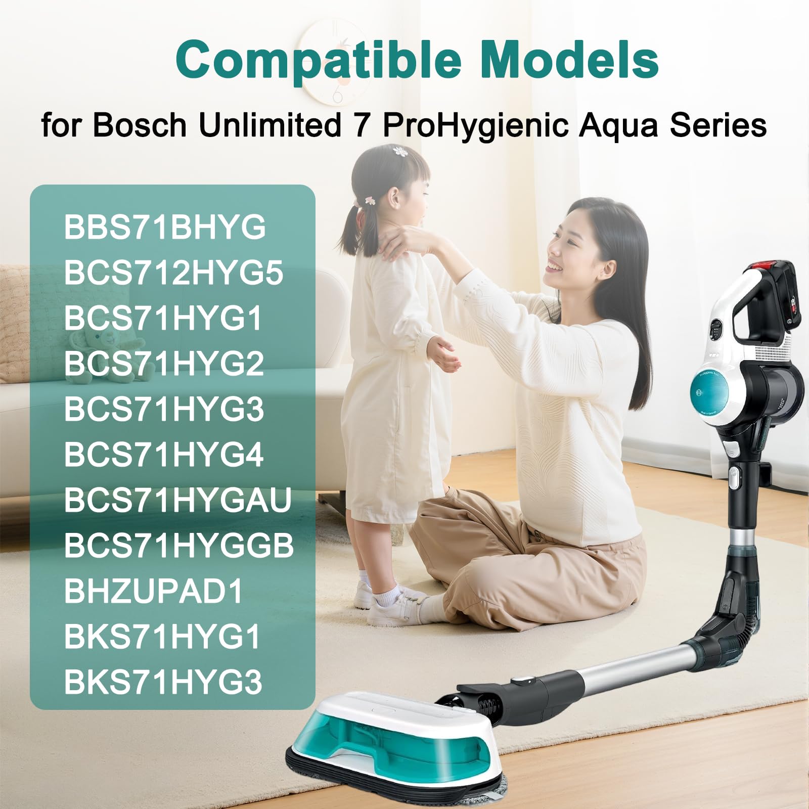 Podkładki do mopa Bosch Unlimited 7 ProHygienic Aqua, kompatybilne z BBS71BHYG BCS712HYG5 BCS71HYG1-4 BCS71HYGAU BCS71HYGGB BHZUPAD1 BKS71HYG1 BKS71HYG3, można prać w pralce