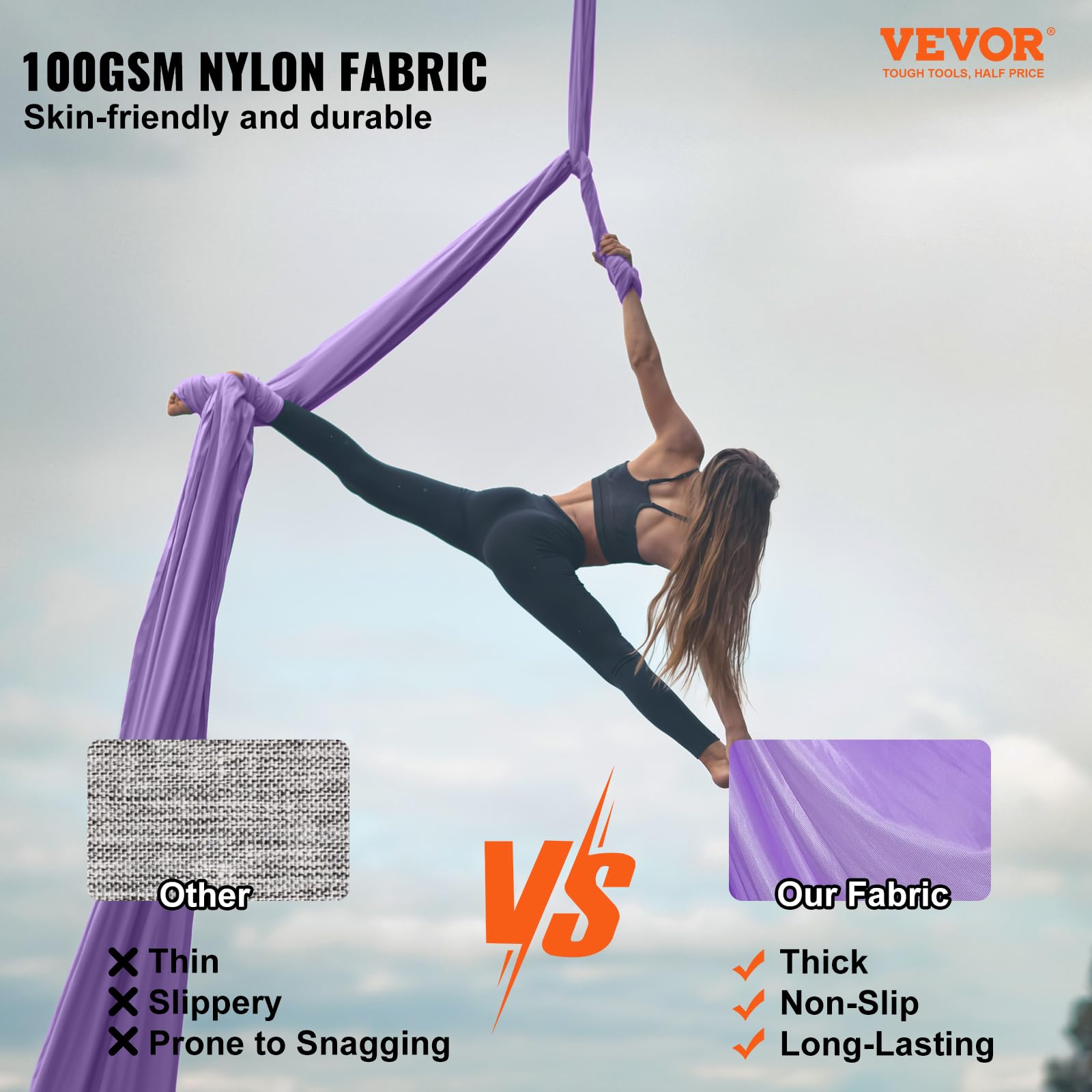 VEVOR Amaca e altalena per yoga aerea, kit per principianti yoga con tessuto in nylon da 100 g/m², installazione semplice, volo antigravità per bodybuilding fitness di tutti i livelli, viola