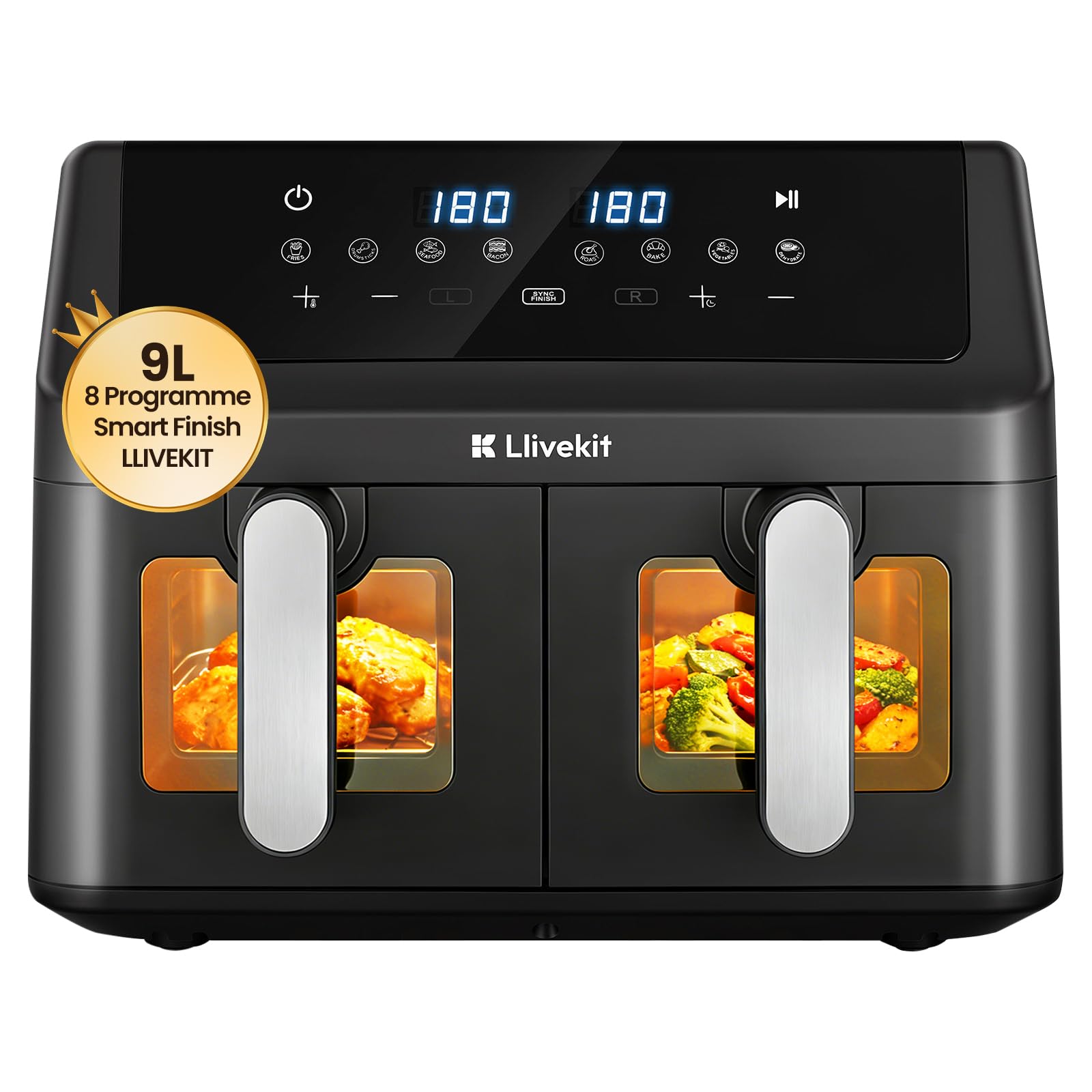 LLIVEKIT 9L Doppelkammer Heißluftfritteuse, 2x4,5L Airfryer mit automatischer Abschaltung, 4D Umluft, 70% energiesparend, 8 Programme, Sync-Finish, spülmaschinenfest, PFOA-frei
