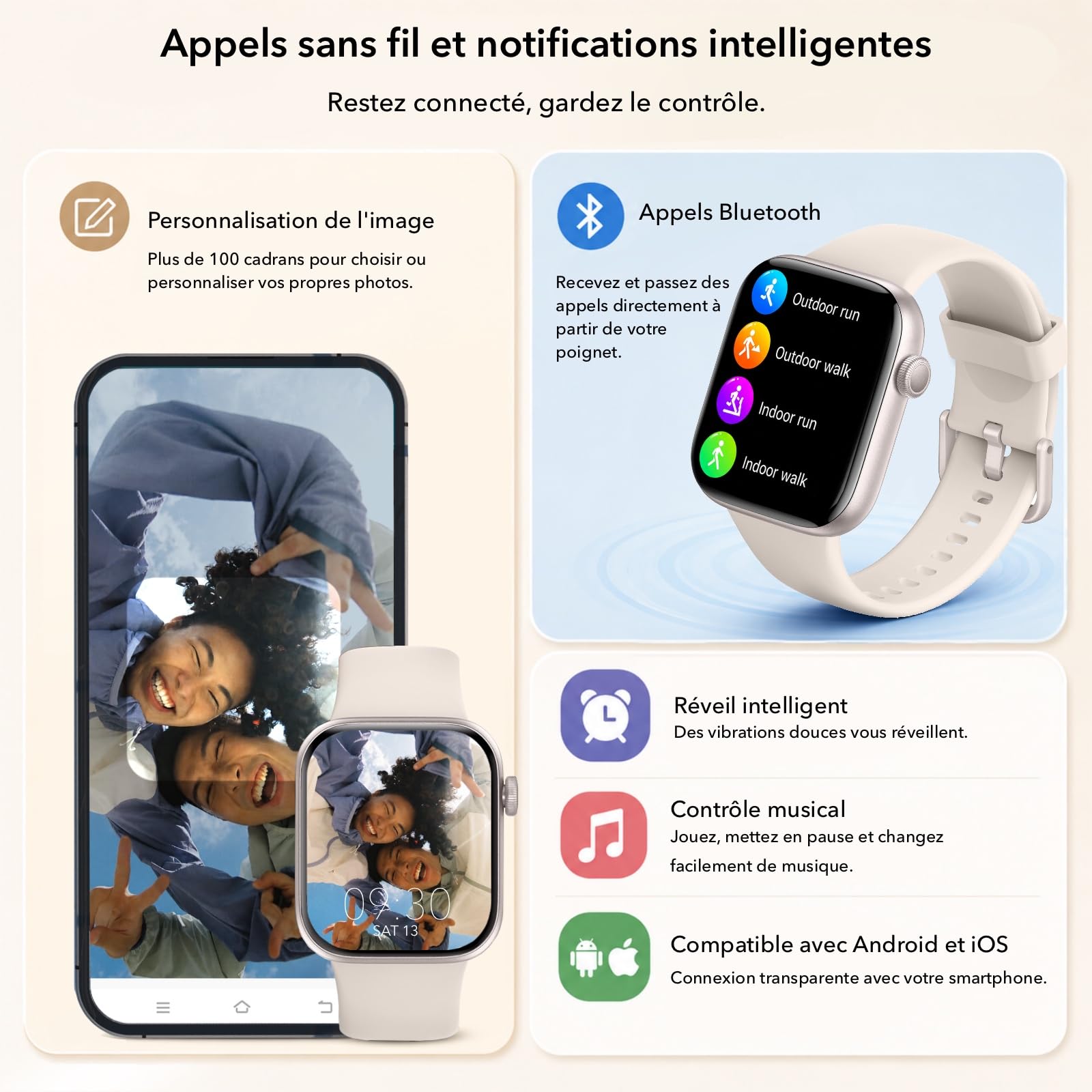 Montre Connectée Homme Femme avec Appels Bluetooth, Écran 1.85" HD Smartwatch Sport (140+ Modes), Cardiofréquencemètre, Moniteur de Sommeil, Étanche IP68 pour Android iOS