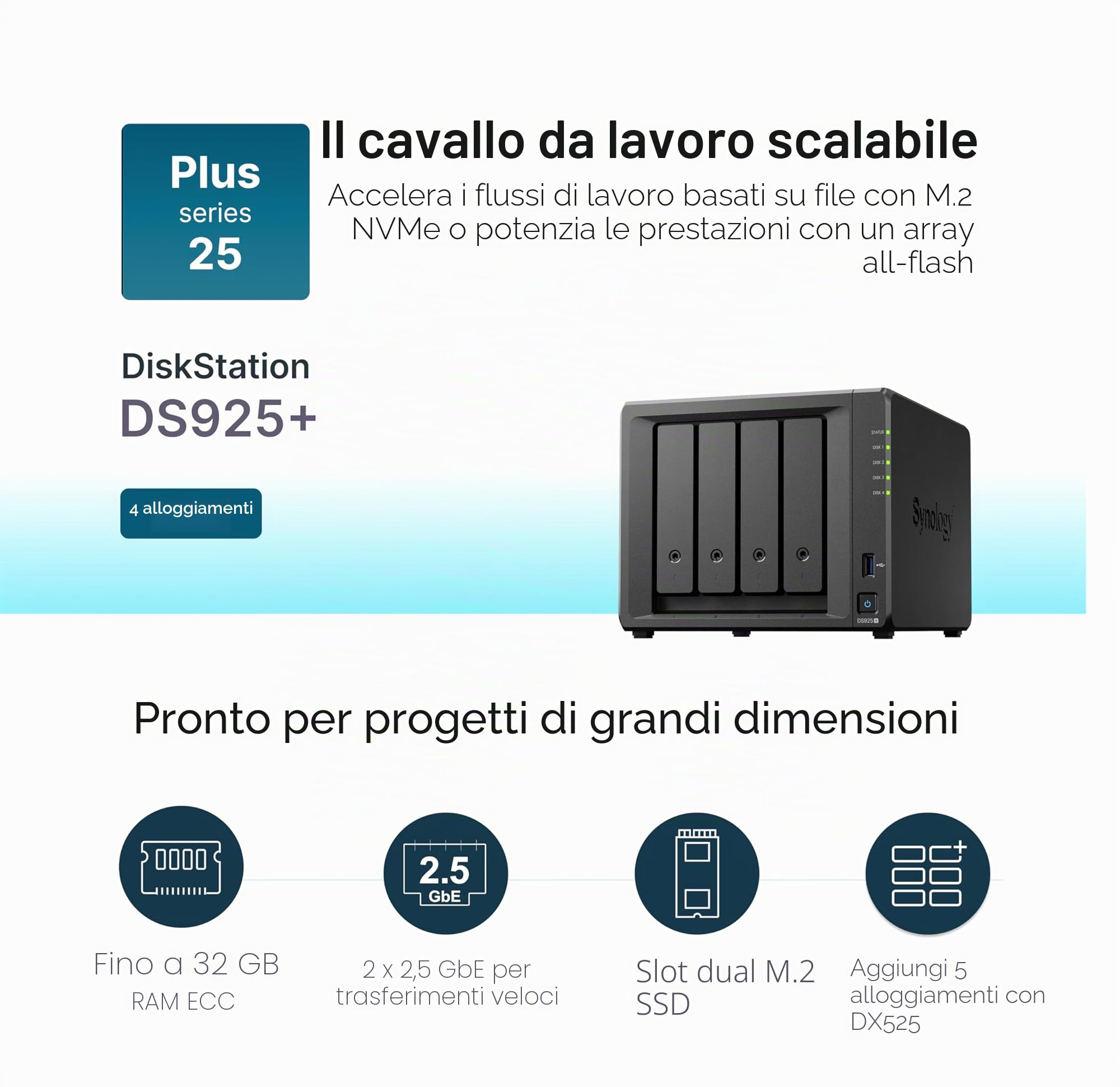 SYNOLOGY NAS DS925+ 4 alloggiamenti con capacità espandibile (senza disco)