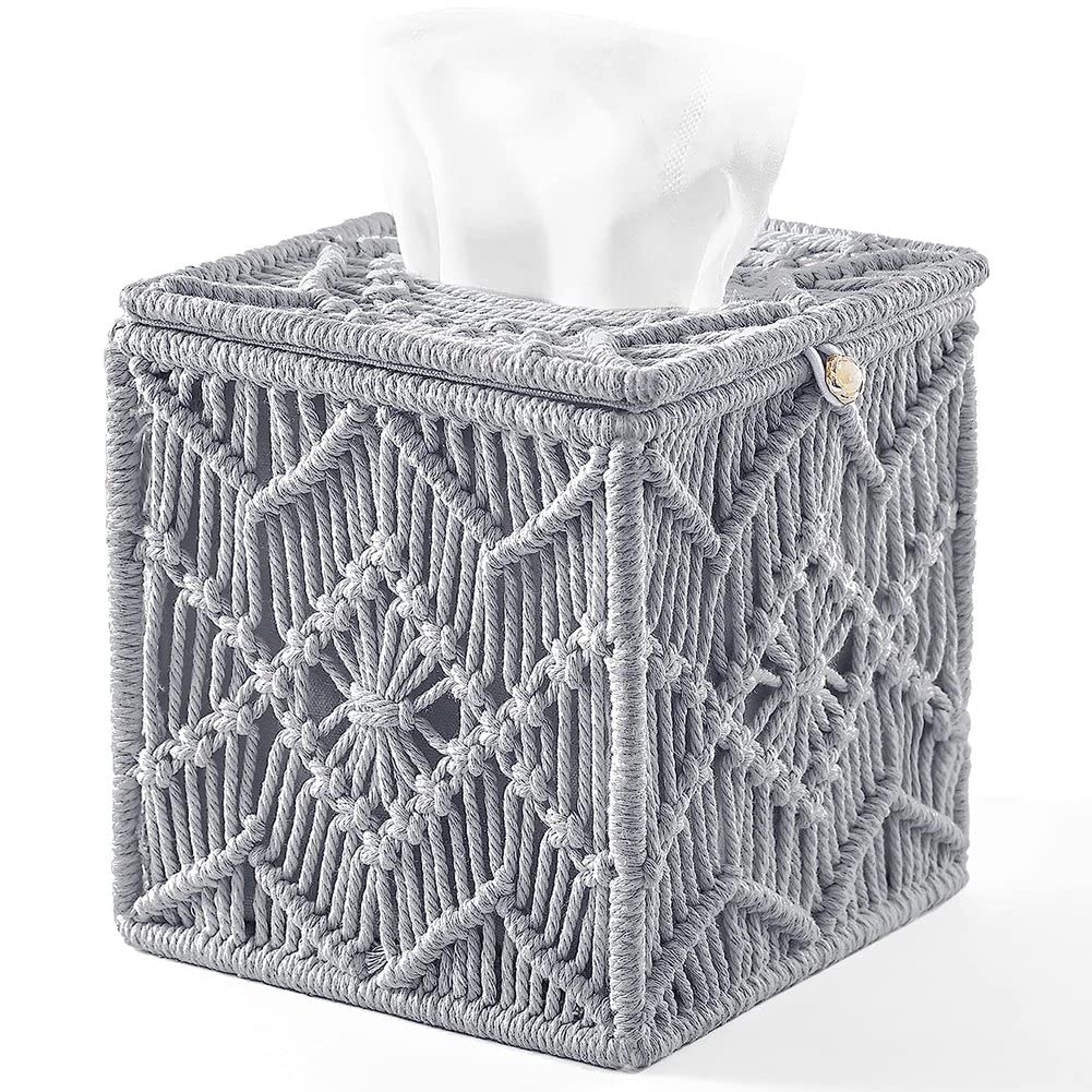 Hsjia Tissue Box Cover Boho Decor Square Paper Tissue Holder with Bead Buckle Macrame Office