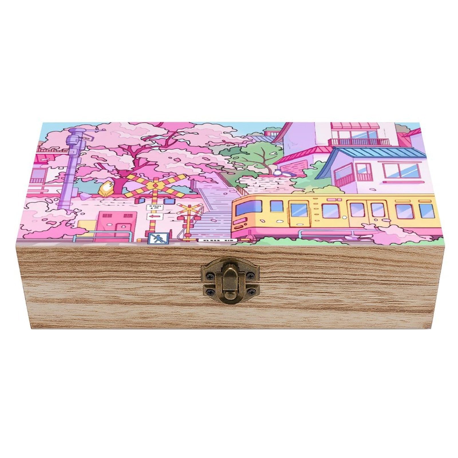asbwuo Anime Tram Town Vintage Wooden Keepsake Box