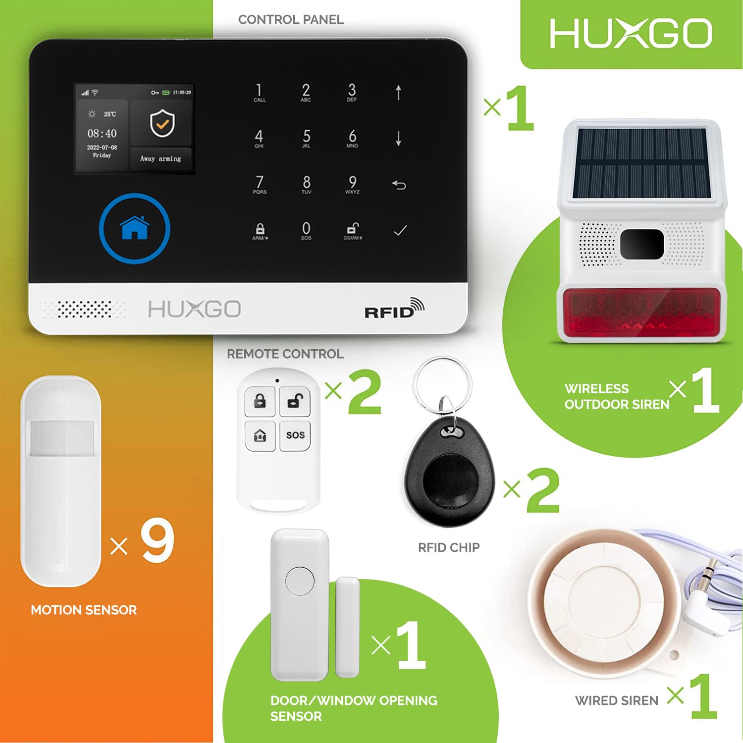 HXA003, Sistema de Alarma inalámbrico con 9 detectores de Movimiento y Segunda Sirena inalámbrica, Módulos: WiFi + gsm 4G, aplicación Tuya Smart, SMS, Control Desde el teléfono, Espańol