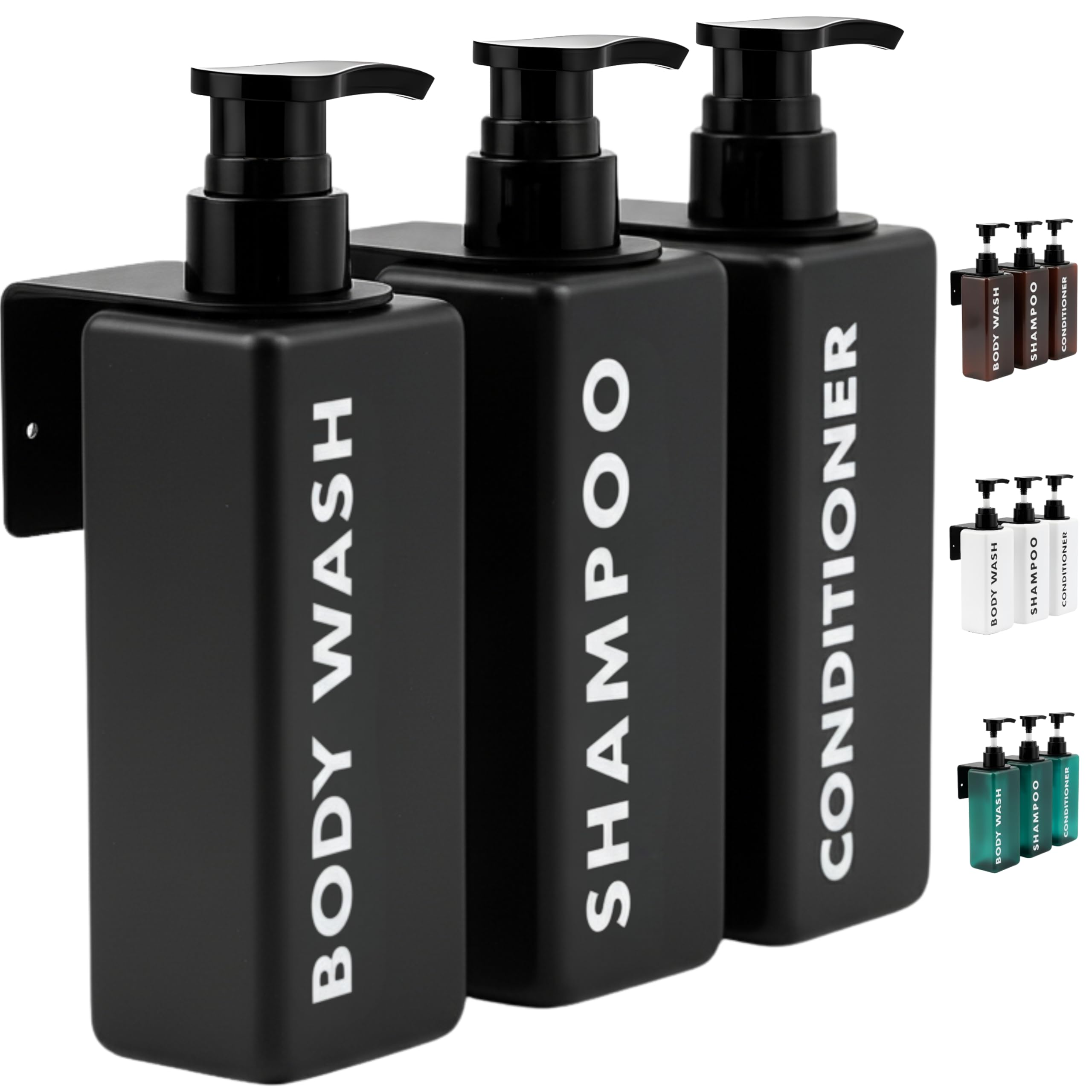 Dispensador Gel y Champu Ducha Negro Mate 500ml | Set 3 Botes para Gel y Champu + Acondicionador + Embudo Rellenado + 3 colgadores Pared | Dispensador Jabon Baño Pared Elegante y Sostenible