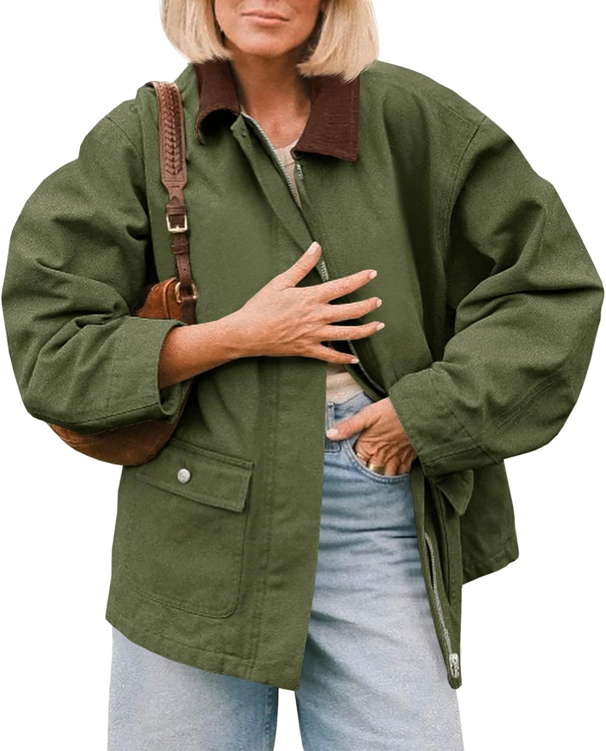 Tankaneo Womens Oversized Barn Jacket Zip Up Military Safari Jackets Fall Color Block Vintage Trench Coat with Pockets