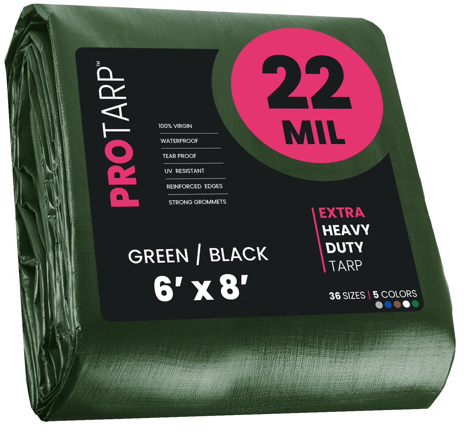 Extreme Heavy Duty 22 Mil Tarp Cover, Waterproof, UV Resistant, Rip and Tear Proof, Poly Tarpaulin with Reinforced Edges for Roof, Camping, Patio, Pool, Boat. (Green/Black 6′ X 8′)