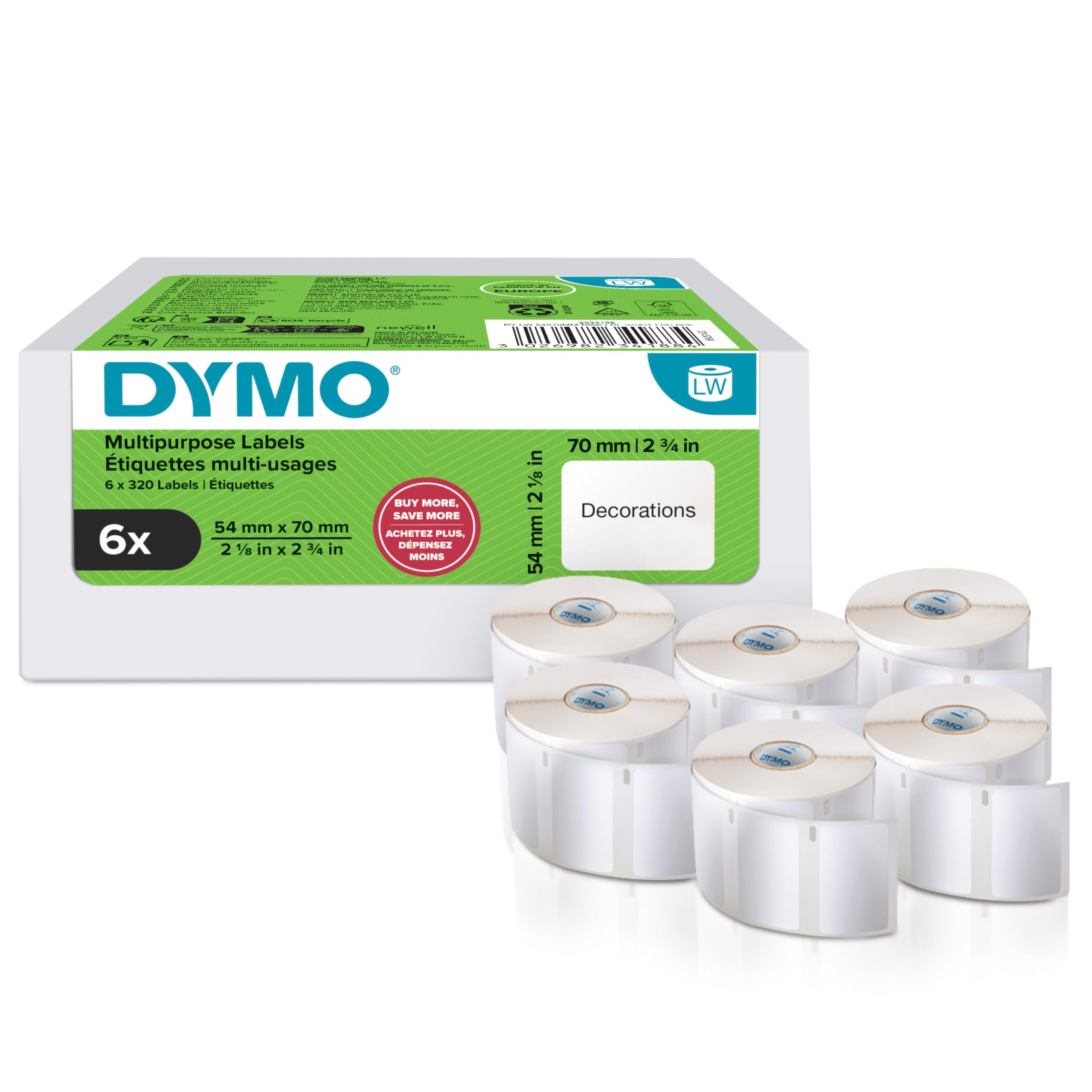 DYMO 99015 LabelWriter Multi-Purpose Labels 54 mm x 70 mm Pack of 6 Rolls