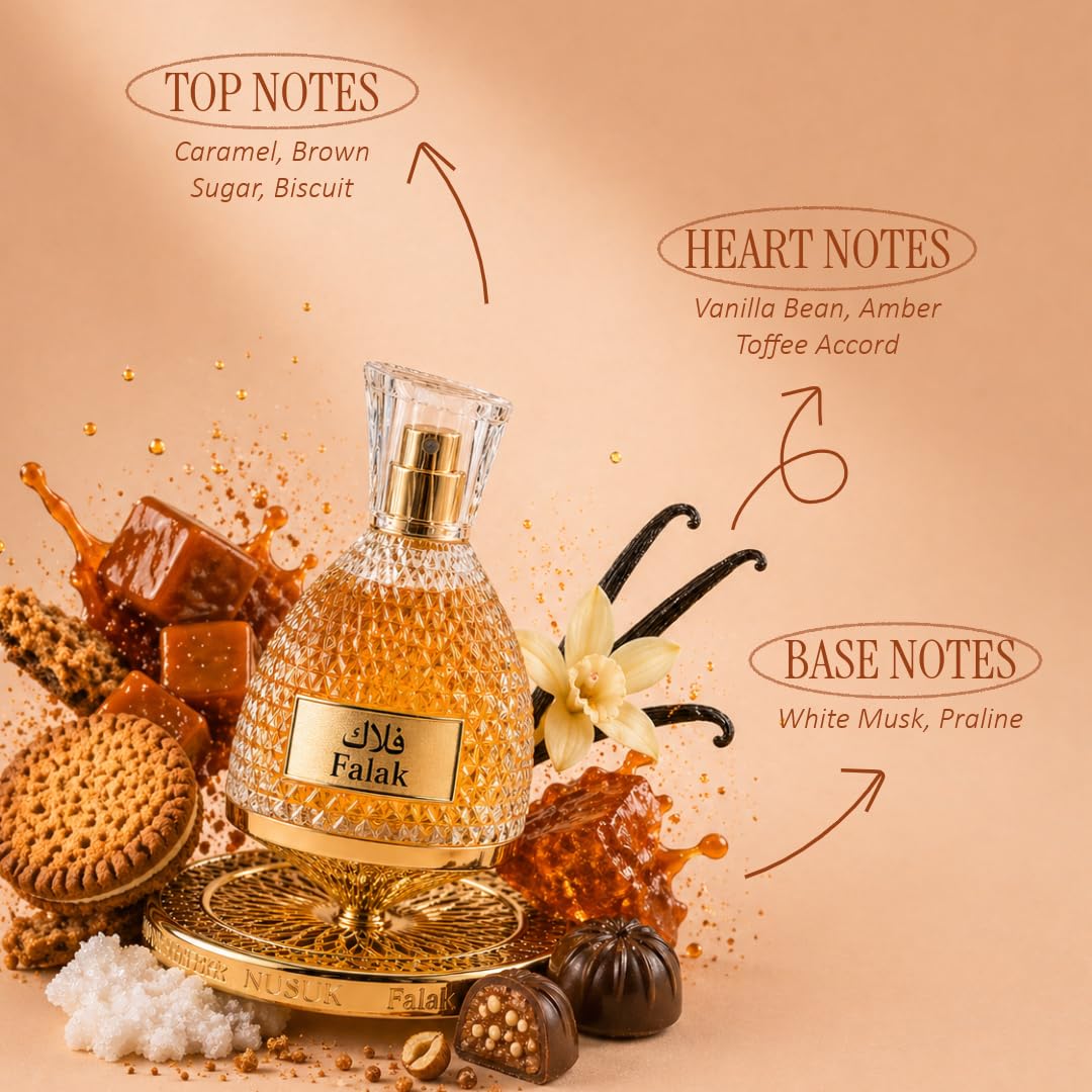 Nusuk Falak Eau De Parfum 100ml | Parfum unisexe longue durée | Parfum caramel, vanille et praline | Parfum gourmand chaud | Bouteille en verre spray élégante