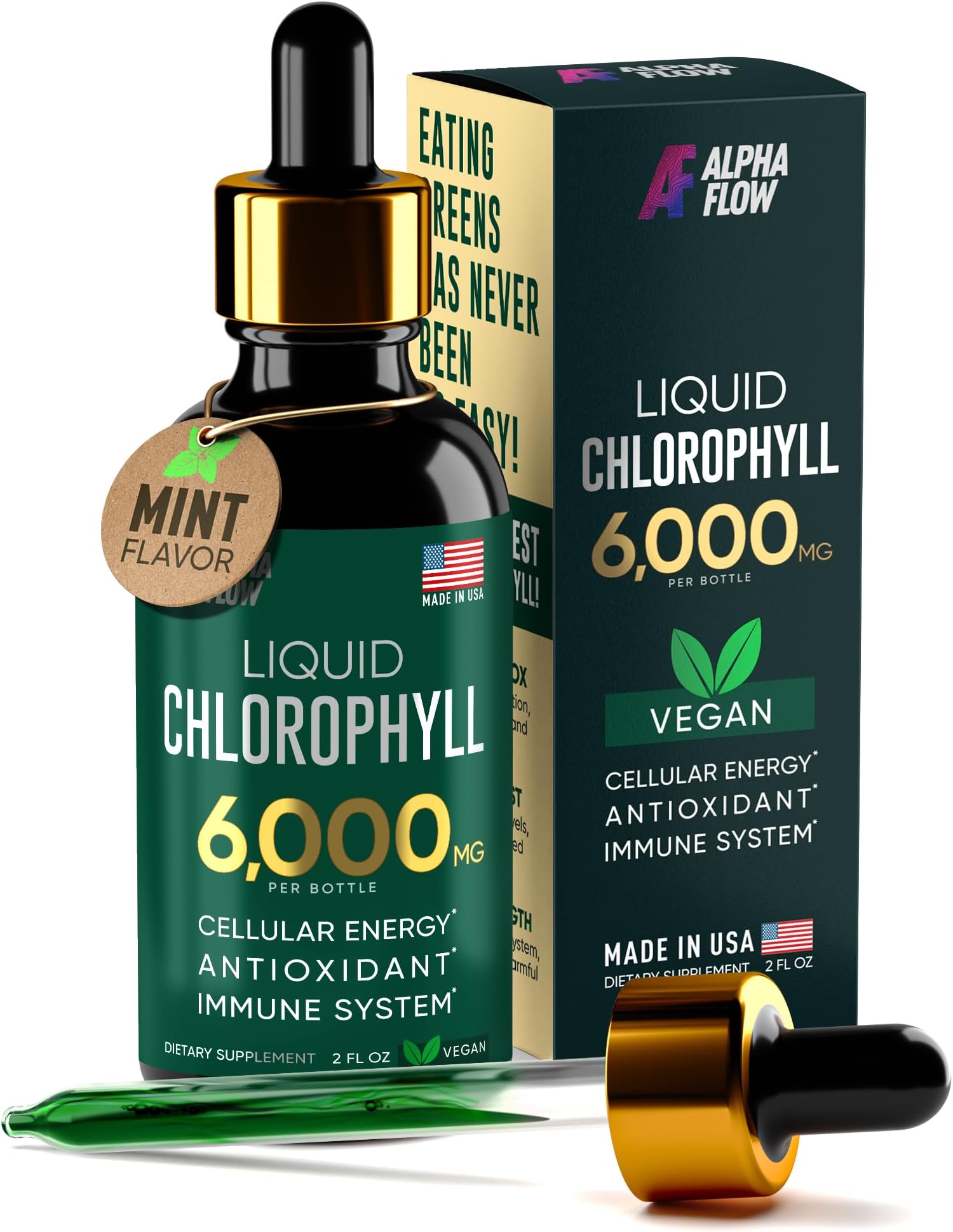 Alpha Flow Chlorophyll Liquid Drops 6000 mg - Premium Liquid Chlorophyll Supplement - All-in-One Antioxidant for Immune Boost, Energy Increase, Digestion Support & Fast Detox - Non-GMO, Vegan