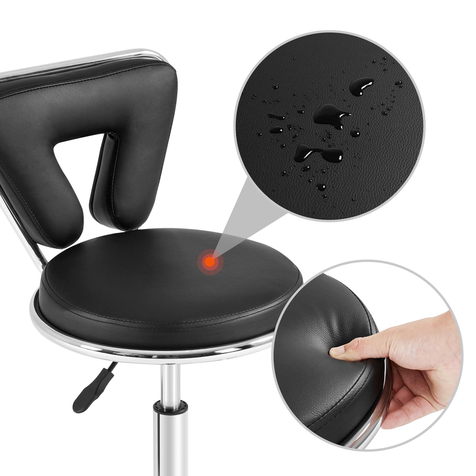 Yaheetech Rollhocker mit Rückenlehne Höhenverstellbar 46,5-61cm Drehhocker mit Rollen 360° Drehbar Bürohocker Arbeitshocker für Bar/Salon/Arztpraxis/Werkstatt