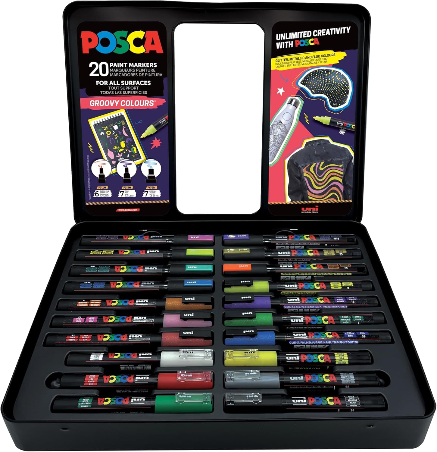 Uni-Ball 186831 - POSCA Marker Zestaw 20 długopisów akrylowych w etui, Marker Set Groovy Colours, końcówka PWE5M 1,8-2,5 mm