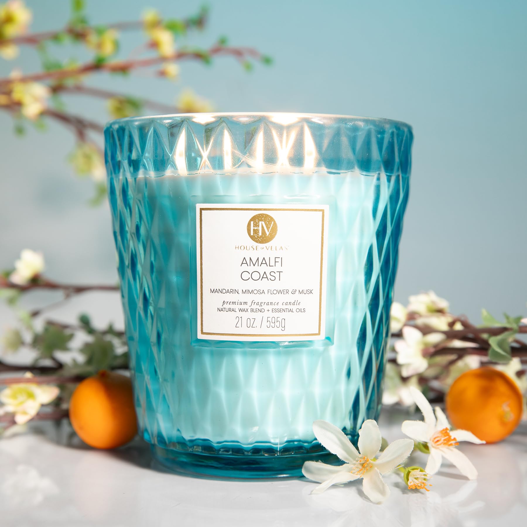 House of Velas Diamante Candle Collection, 595 g, 3 bawełniane knoty, wybrzeże Amalfi, duży szklany słoik