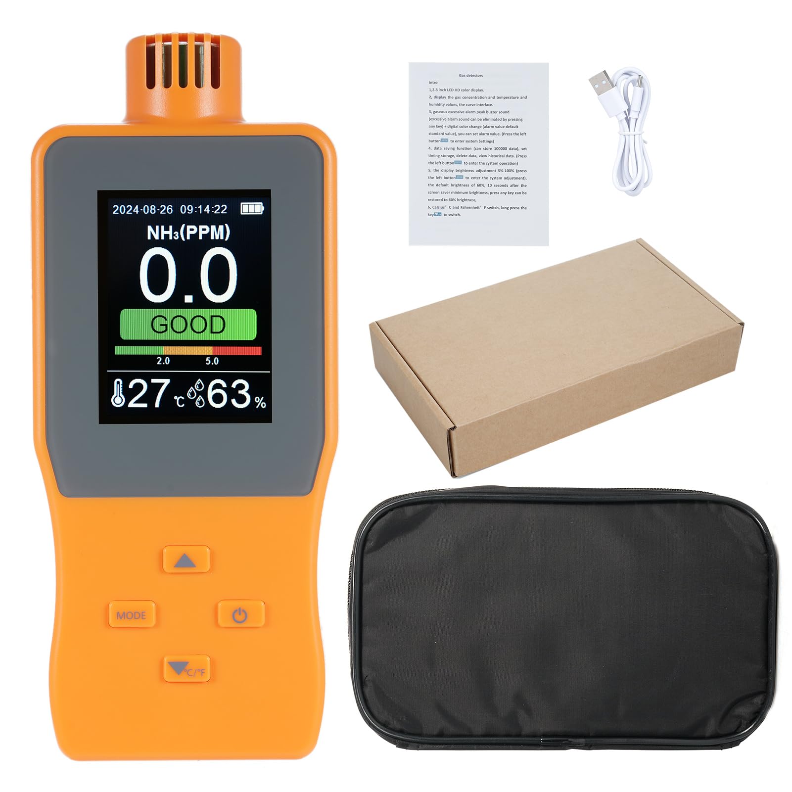 Detector de Gas de Amoníaco Portátil 0~100 PPM Probador Gas ³ - Monitor Temperatura y Humedad para Cámara Frigorífica - Diseño Portátil