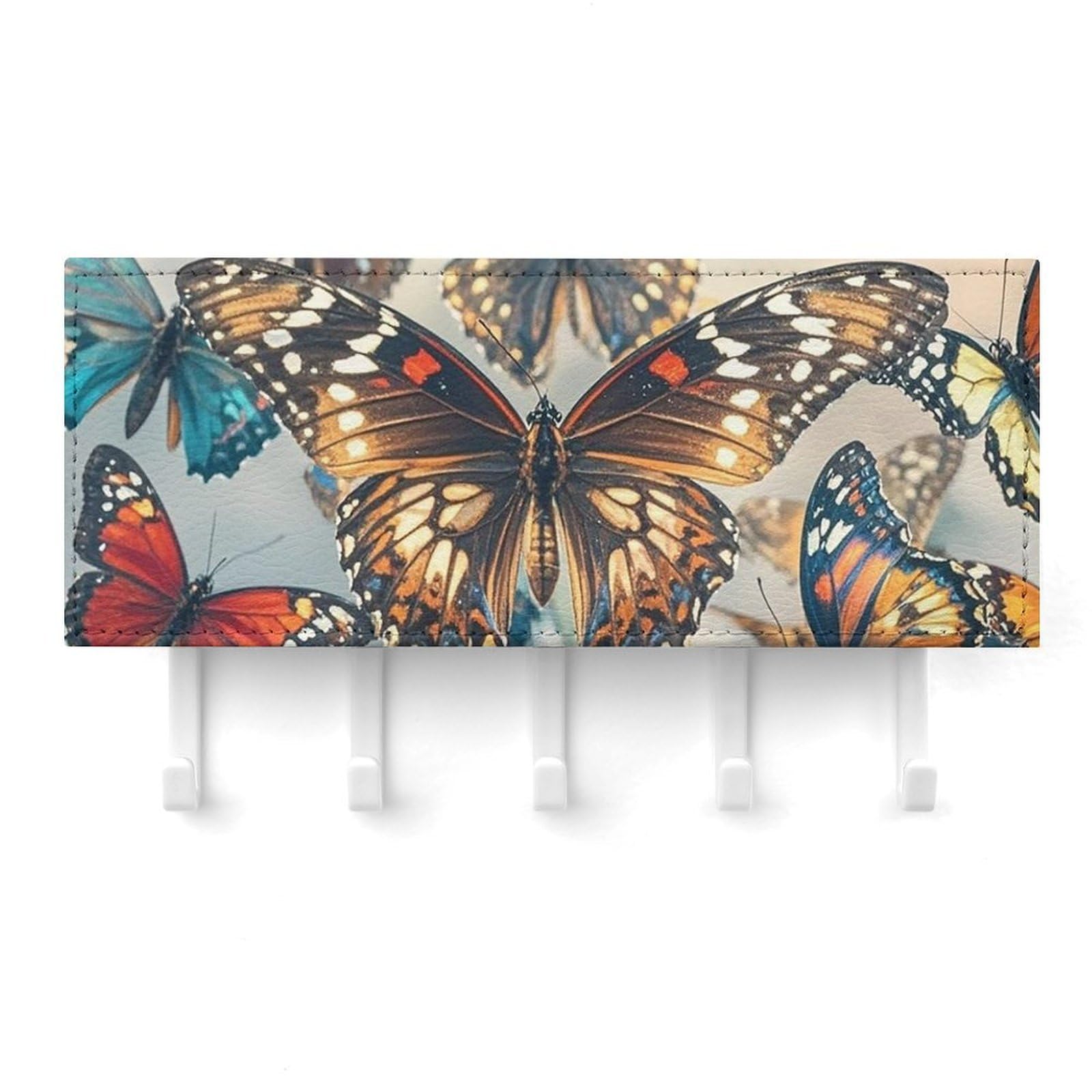 QMNLKH Butterflies Wall Mounted Key Rack for Home, No Drilling Key Holder with 5 Hooks, Self Adhesive Keys Chain Organizer for Hallway, Keys Hanger Shelf for Office, Doorway White
