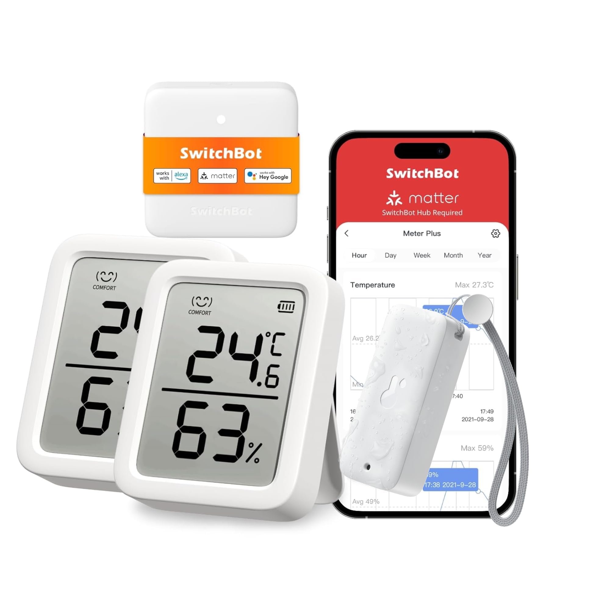 SwitchBot Thermo-Hygrometer Set Innen & Außen, IP65 Außensensor & 2er-Pack Innen mit Hub Mini Matter, Bluetooth Temperatur- & Luftfeuchtigkeitssensor, App & Datenspeicherung, Taupunkt/VPD