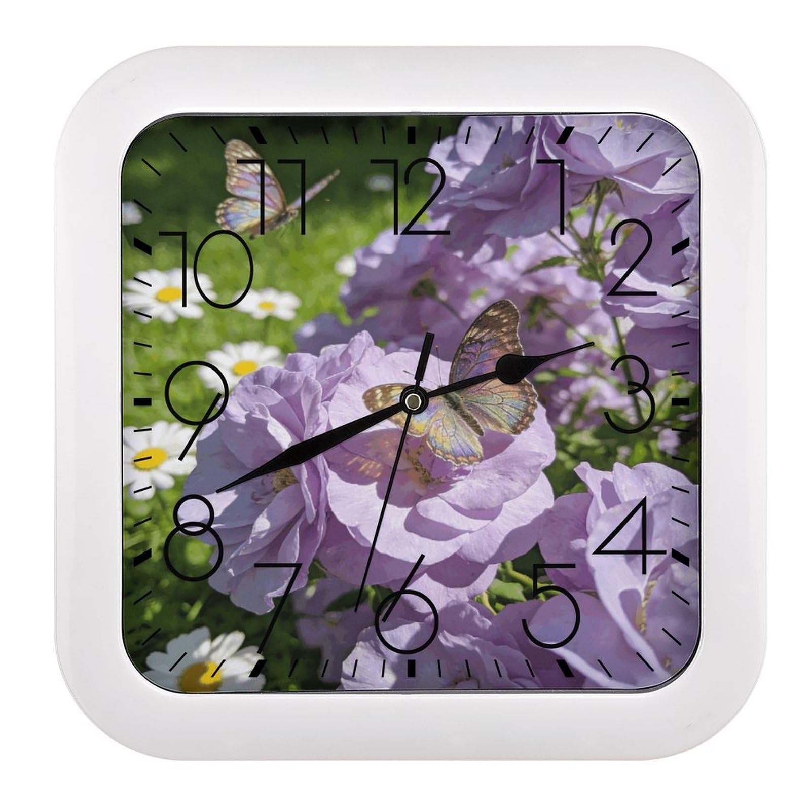 Orologio da parete quadrato con fiori viola chiaro, 25 cm, funzionamento a batteria, silenzioso senza ticchettio, orologio decorativo analogico quadrato per arte da parete domestica