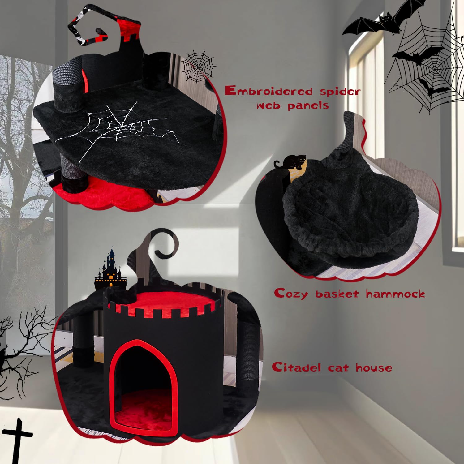 YARUOMY Gothic Cat Tree Castle, 56in Black Cat Tower With Coffin Cat