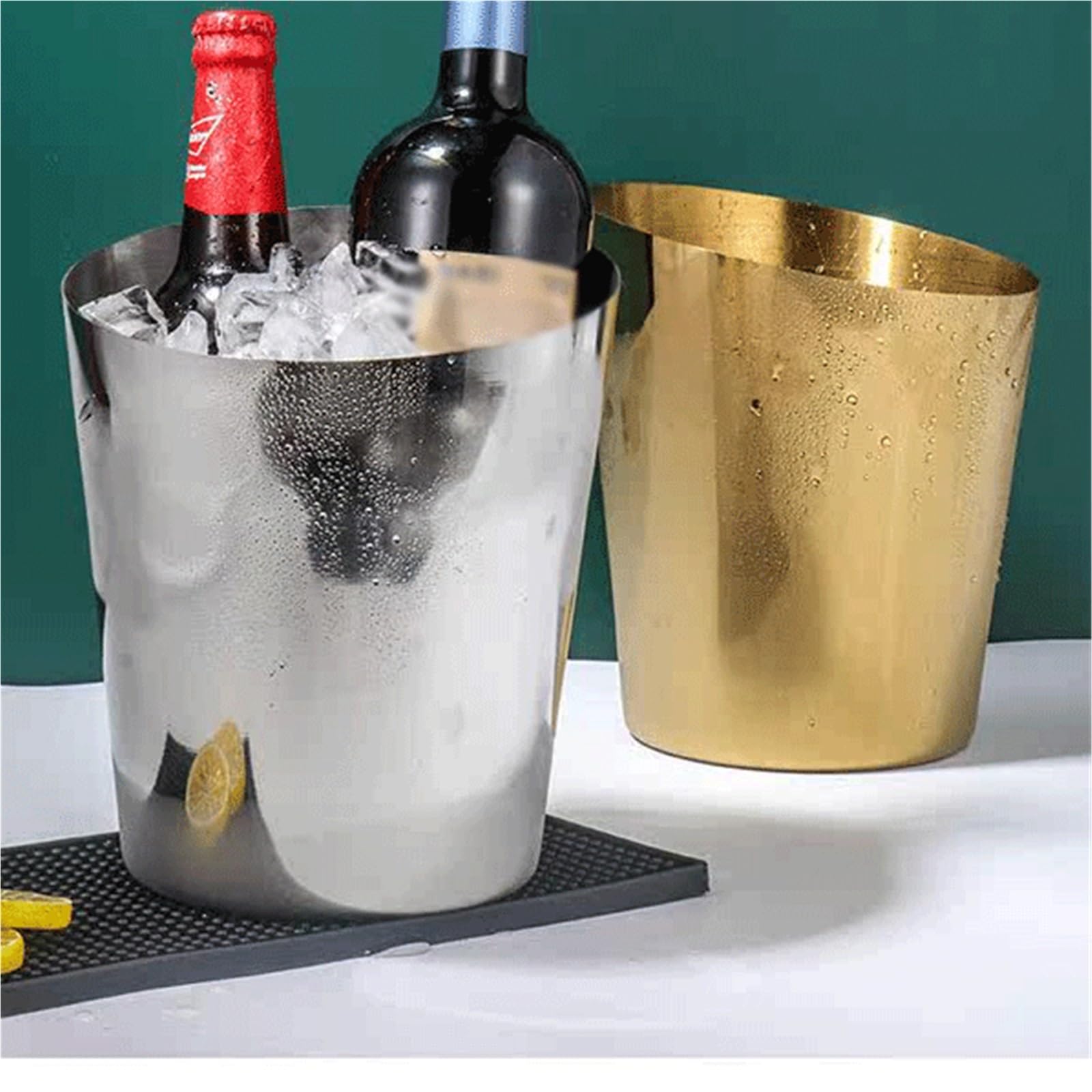Cubo de Hielo para Bar en casa Cubo de Hielo Acero Inoxidable con Boca en ángulo Gran Capacidad Enfriador de Bebidas y Vino(Gold)