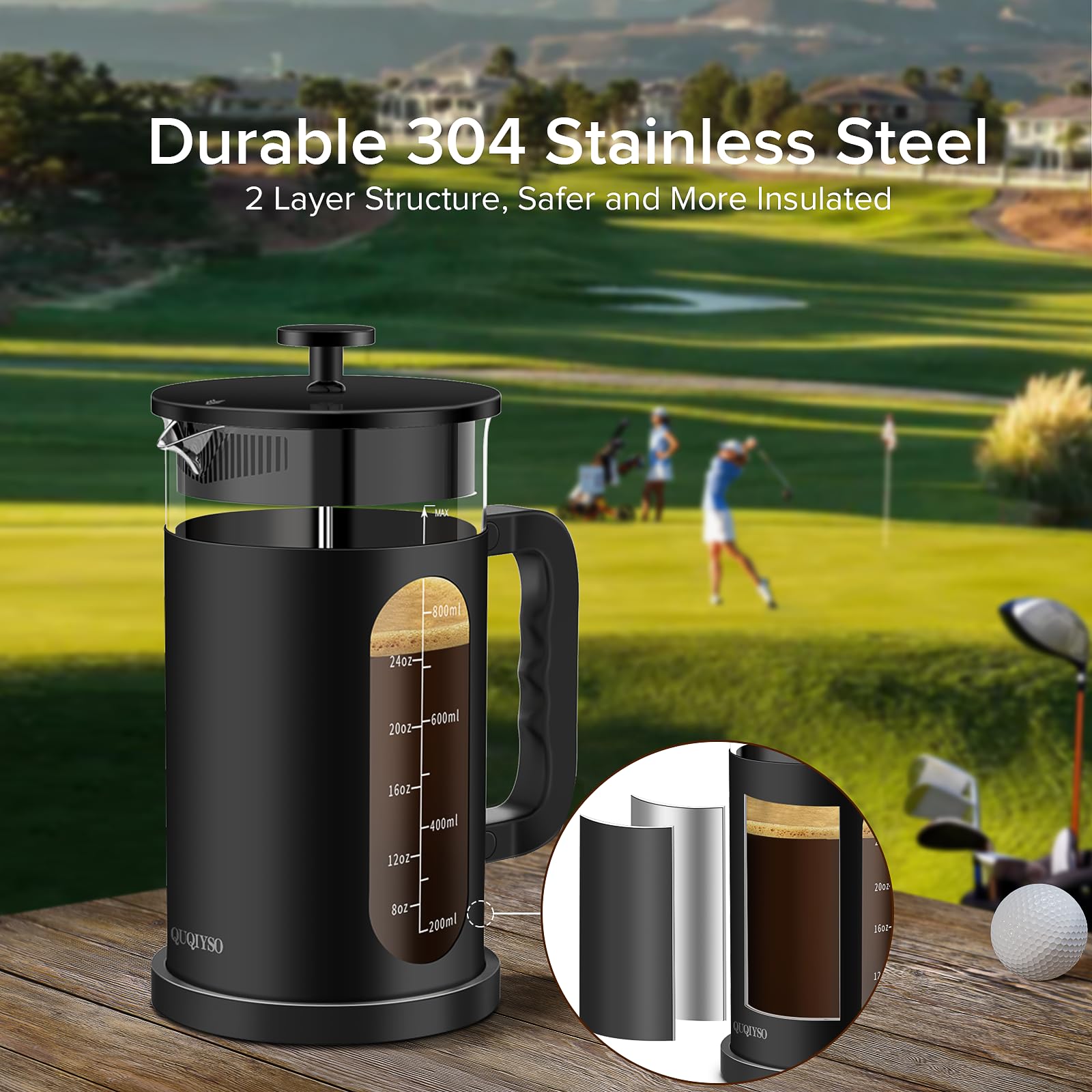 QUQIYSO Cafetera de prensa francesa, prensa francesa de acero inoxidable 304 con 4 filtros, vidrio de borosilicato resistente al calor, fácil de limpiar, sin BPA, cafetera sin óxido, 34 onzas, color