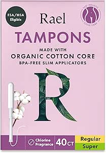 Rael Tampons, Slim Applicator with Organic Cotton Core, Multipack, Regular and Super Absorbency, BPA-Free, Leak Locker Technology, Unscented, Chlorine-Free (40 Count, Bundle)