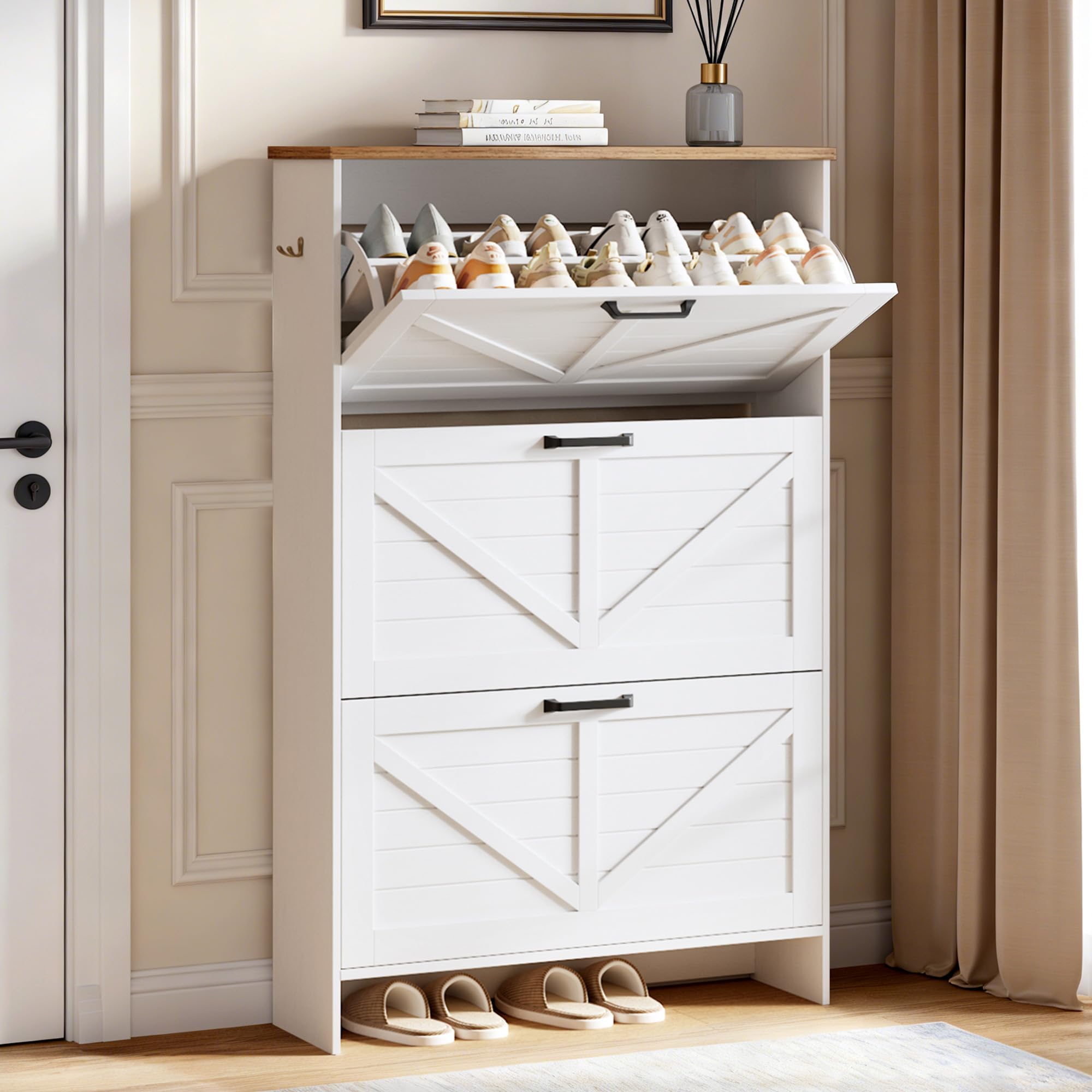 Nicetree Shaker Barn Door Shoe Storage Cabinet for Entryway, 3 Flip Drawers & 3-Tier Adjustable Shelves, Ultra Slim Freestanding, Modern Rustic Brushed White Farmhouse Shoe Rack for Hallway, Foyer