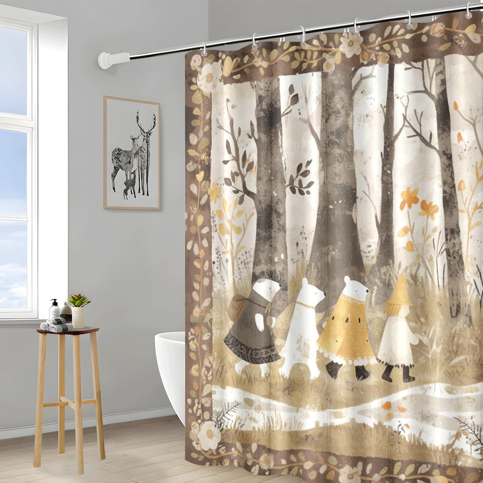 Tenda Doccia Albero Giallo Grigio Tenda Doccia Antimuffa Impermeabile Poliestere Lavabile con 12 Ganci Tende Finestra Bagno per Dormitorio Famiglia Hotel Decorazione(180x220cm)
