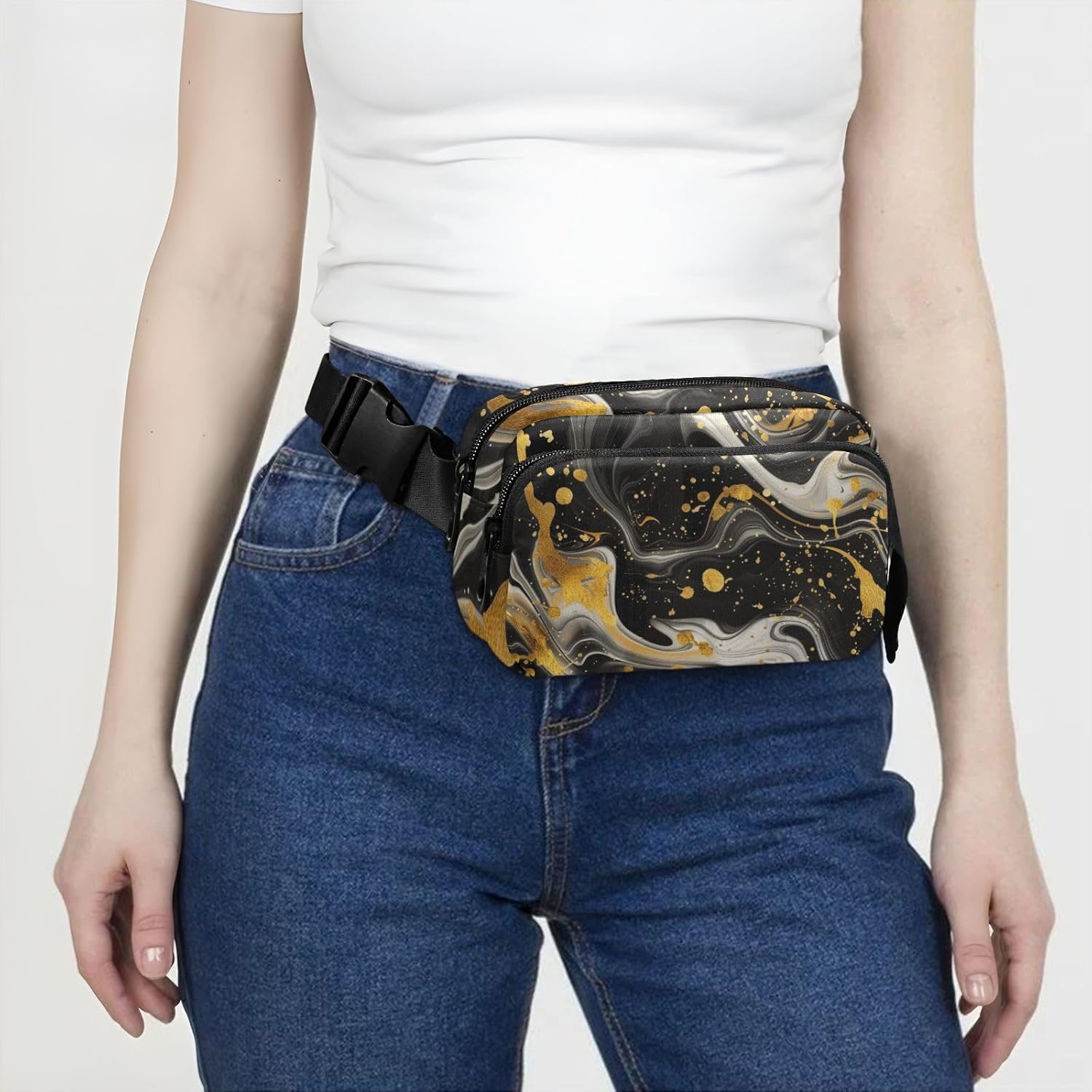 A Background Of Swirling Black and Gold Marble Patterns Fashion Waist Bag Fanny Pack for Women Men Mini Bum Belt Bag with Adjustable Strap for Cycling Hiking Gym