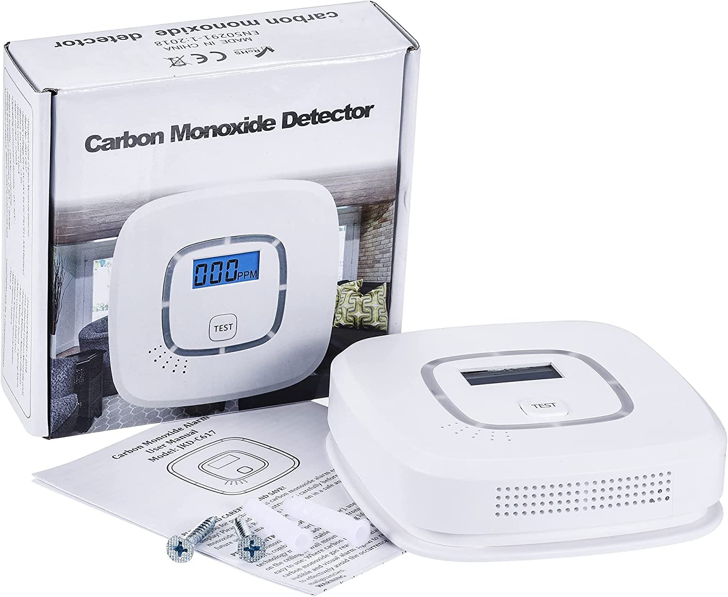 OBEST Detector de monóxido de Carbono, CO Alarma con Pantalla Digital y Funcionamiento con batería reemplazable, con botón de Prueba y indicador de Estado LED
