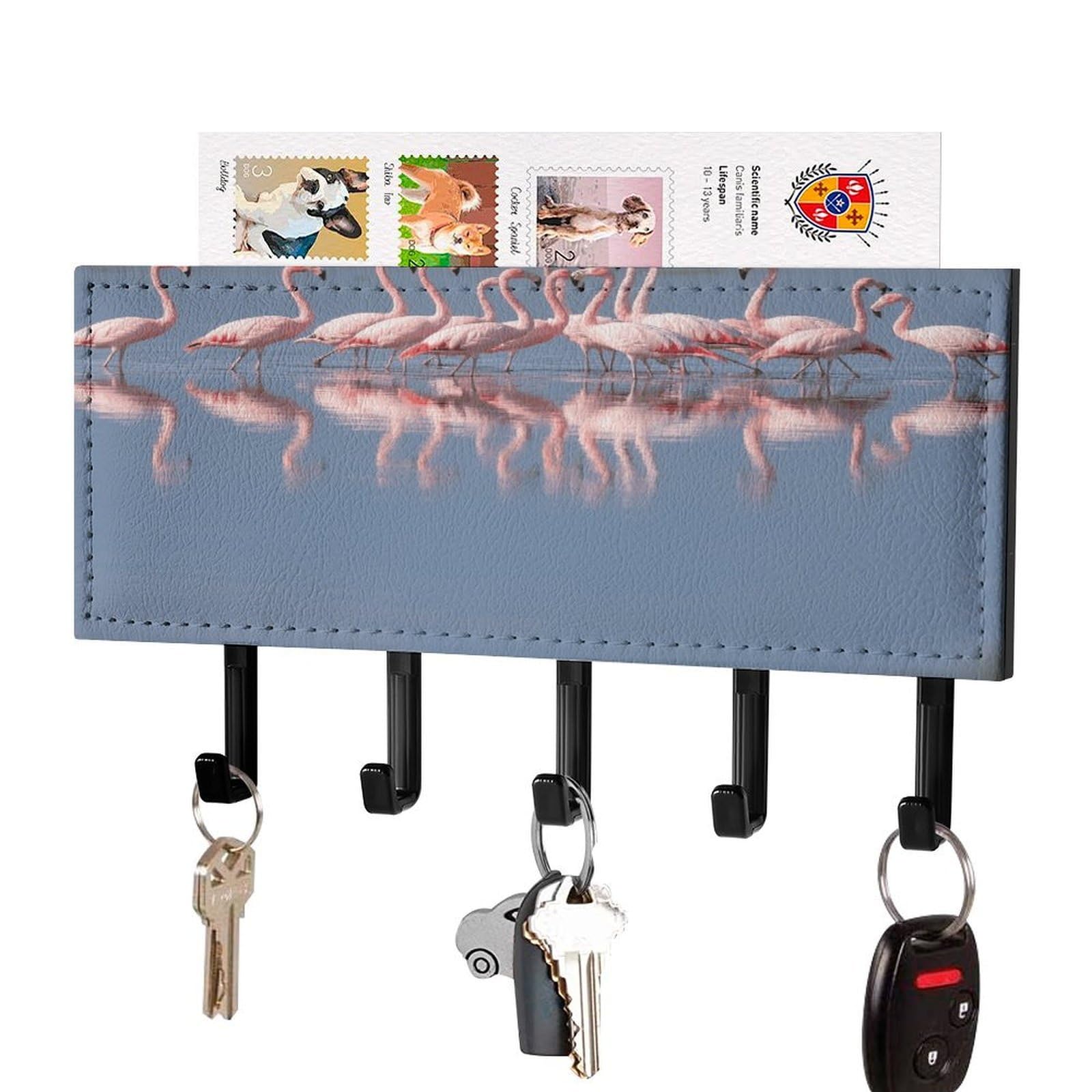 Vstadank Black-Style A Flock Of Flamingos Key Holder Wall Mount With 5 Key Hooks Hangers For Wall Decorative Pu Mail Rack Organizer With Shelf Wall Mounted Key Rack With Hooks For Entryway