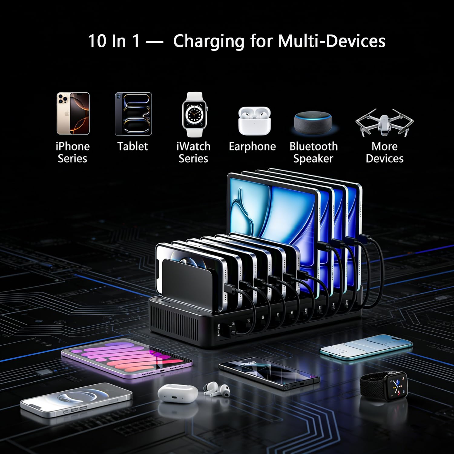 100W Cargador USB-C con 10 Cables y 10 Puertos, Estación de Carga para Múltiples Dispositivos, Incluye Divisor Ajustable Extraíble, 5 USB-A+5 USB-C, Compatible con iPhone/Samsung/Google/Tabletas