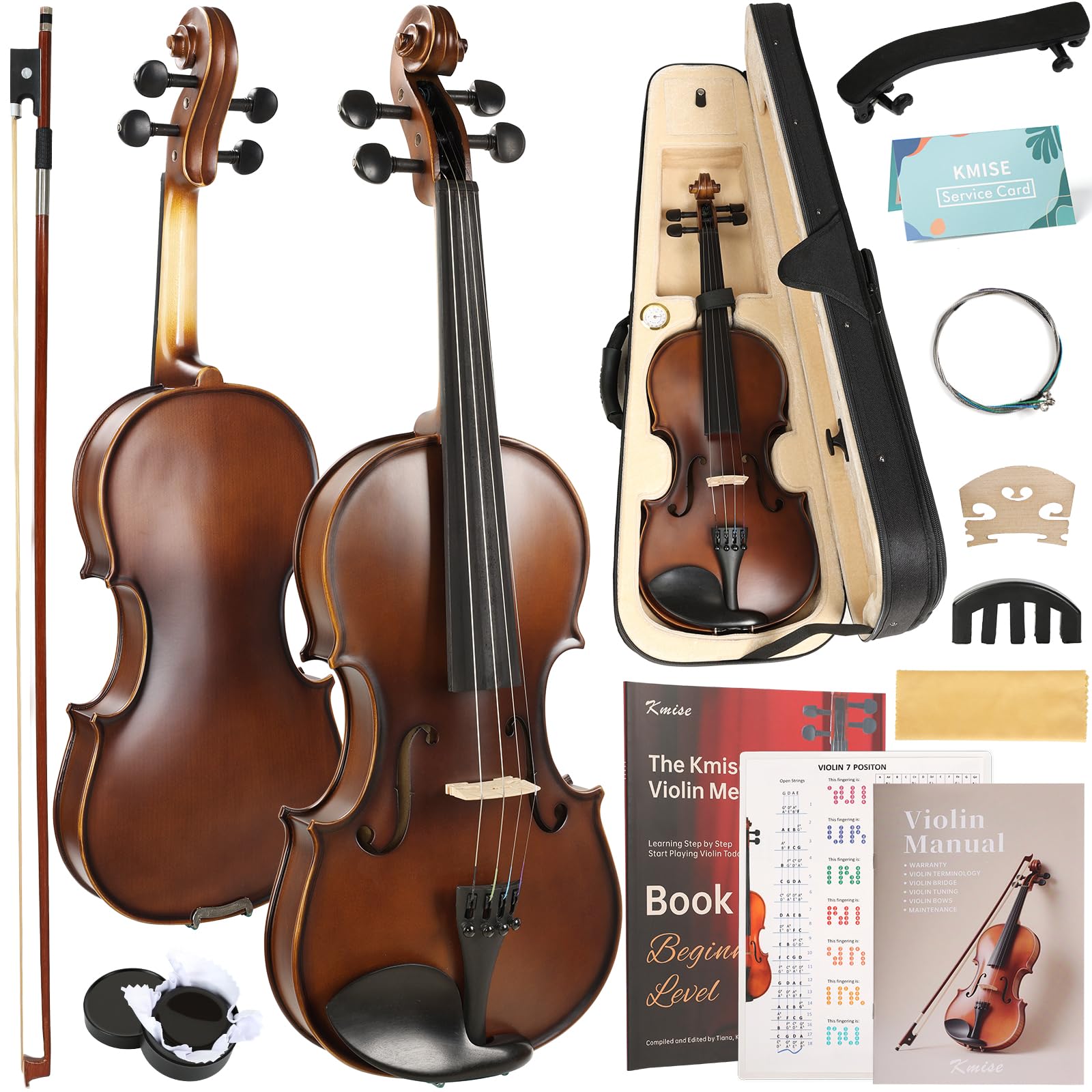 Kmise Violin 4/4 Full Size Starter Kit for Students Beginners Adults, Quality Ebony Acoustic Fiddle Set with Hard Case, Bow, Rosin, Extra Strings, Shoulder Rest, Guide &amp; Chart