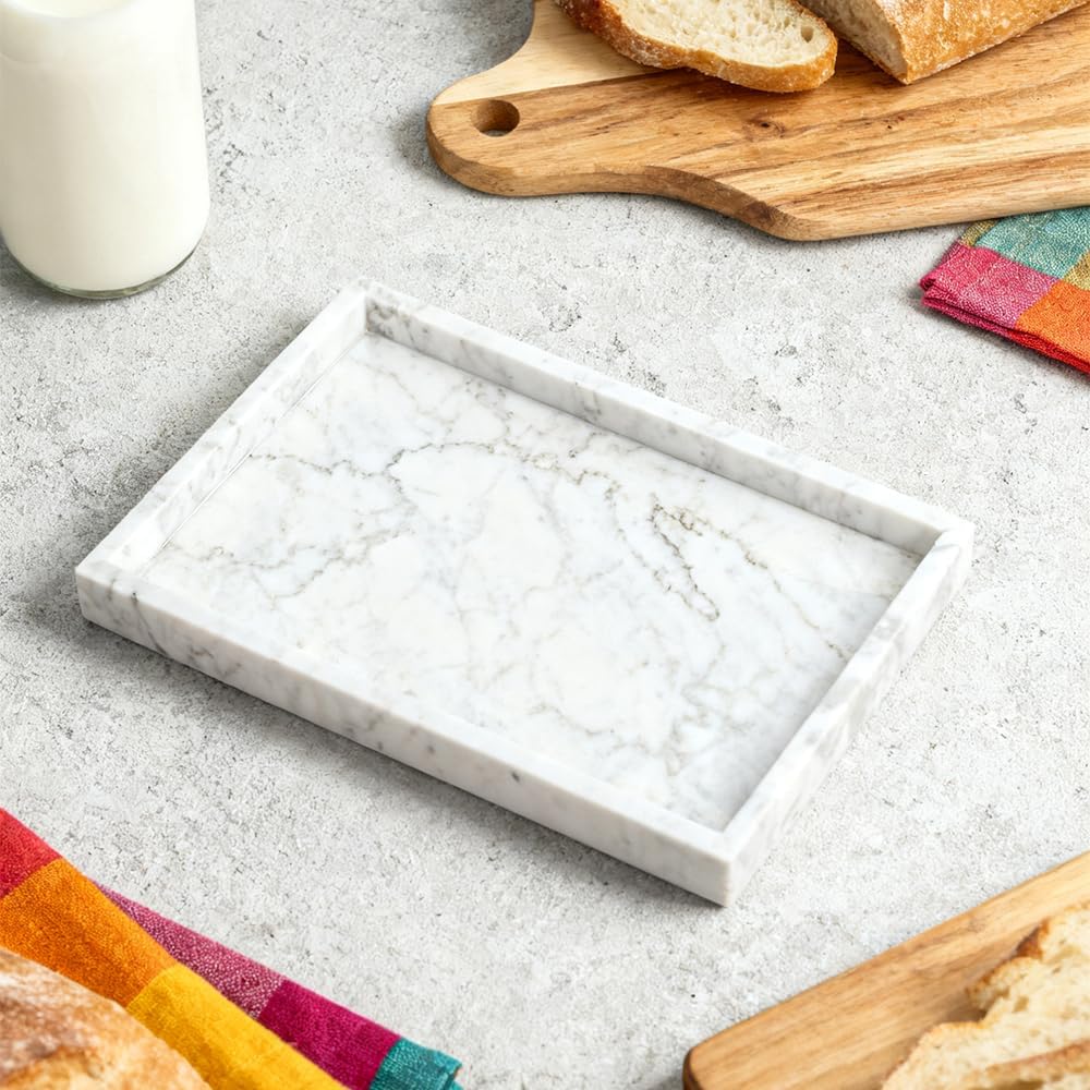 Genuine Marble Tray for Bathroom Sink, Perfume Tray for Vanity, Real Stone Tray for Home Decor, White Marble Storage Tray for Kitchen, Canisters Tray for Bathroom Countertop (Carrara White-12"x8"x1")
