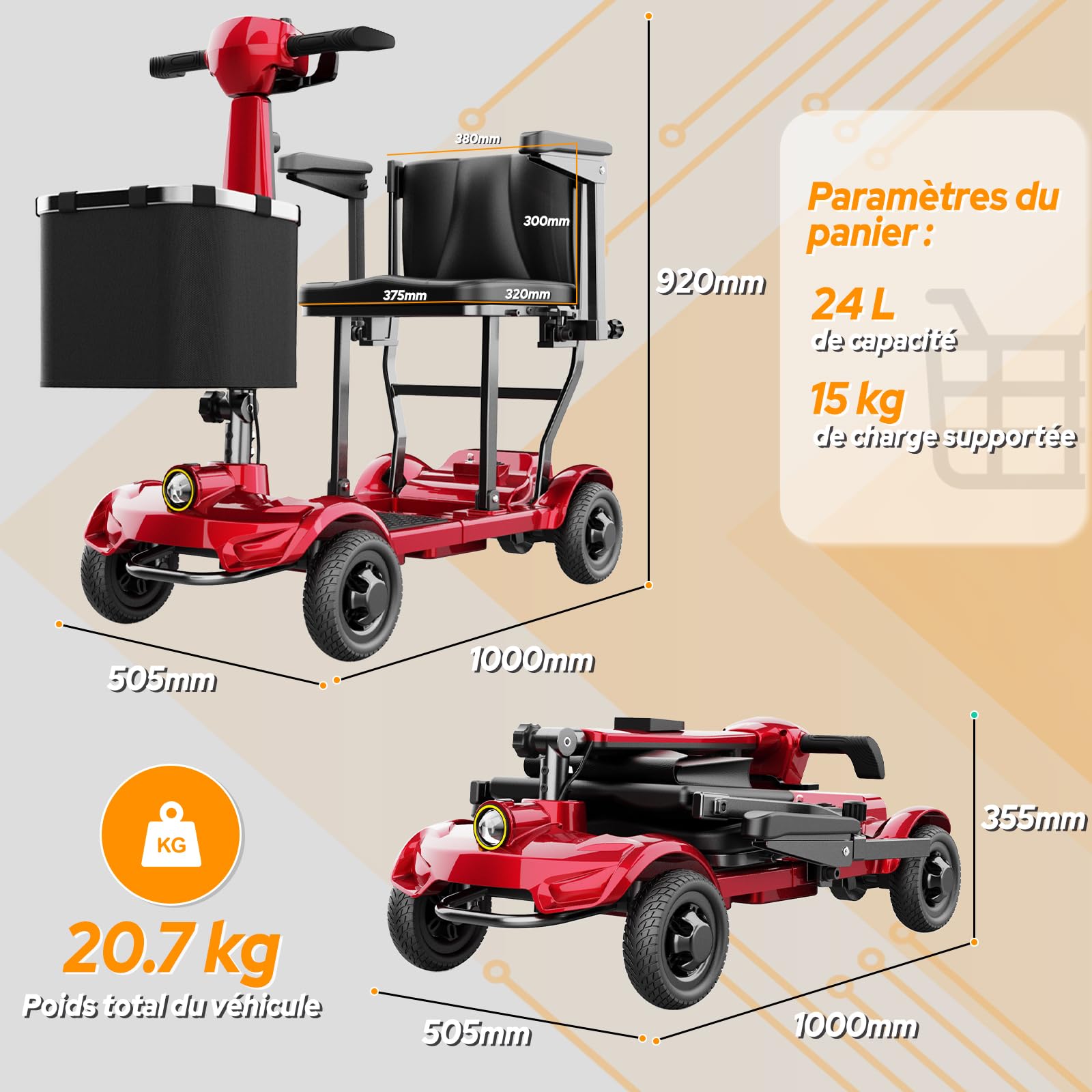 TODIMART X17 Scooter de Mobilité à 4 Roues,Autonomie Longue 30–35 km,20kg Pliable et Légère pour Adultes et Seniors,Écran Numérique LED,Lumières Vives,130kg,Scooter Electrique Leger