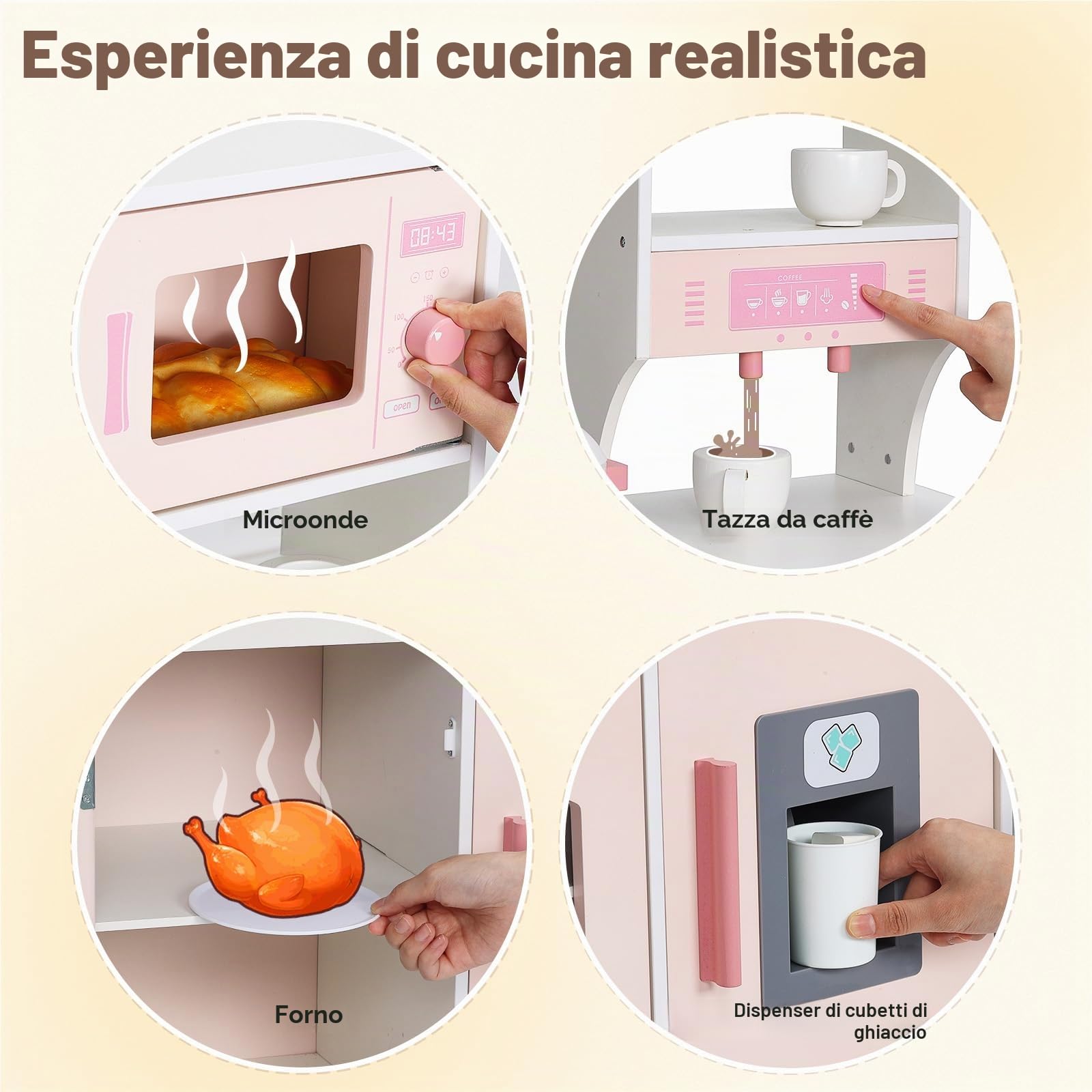 SainSmart Jr. Cucina giocattolo in legno per bambini, rosa, con luce e suono, dispenser di cubetti di ghiaccio, microonde, forno e lavello, grande cucina per bambini con accessori, gioco di ruolo a