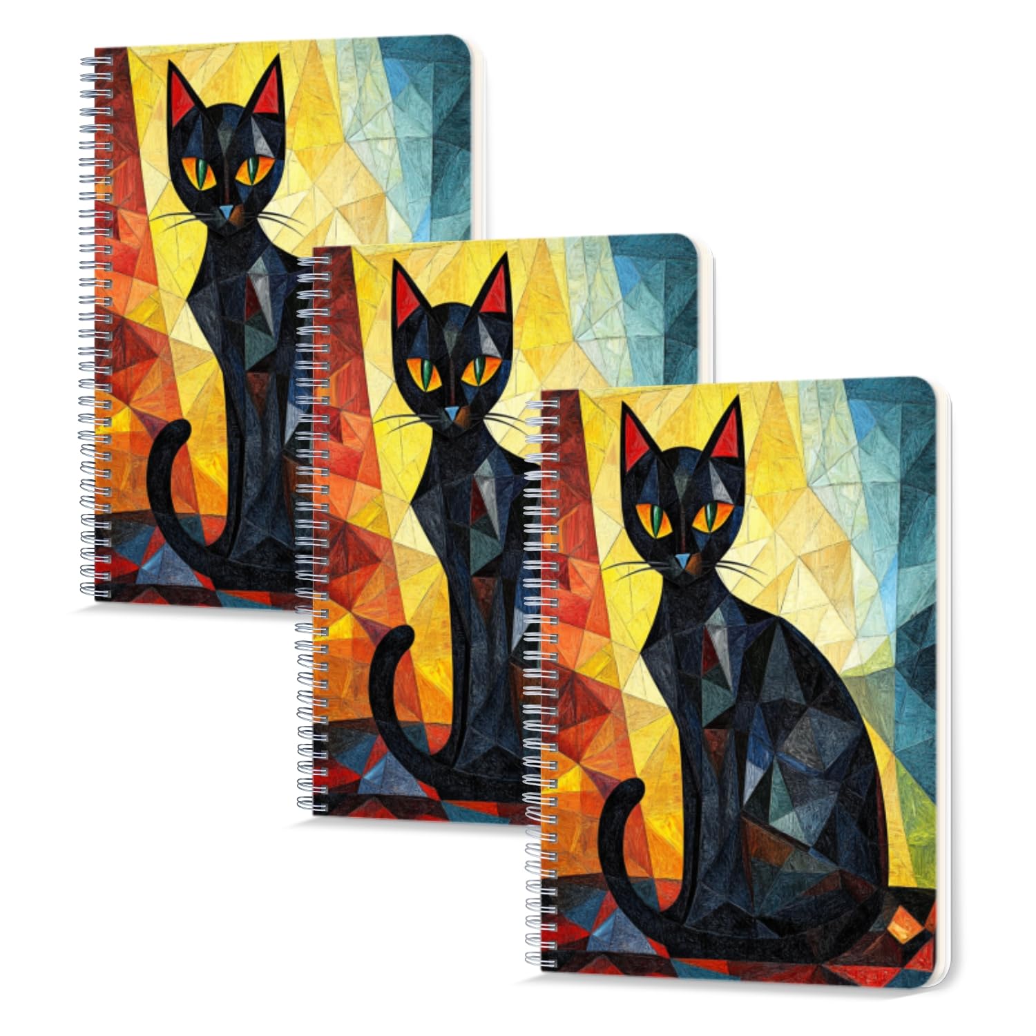 Lined Spiral Notebook,100 Pages,5.71x 8.26 inches Double-Wire Spiral Journal Notebook for Study and Notes Black Cat in Cubist Style