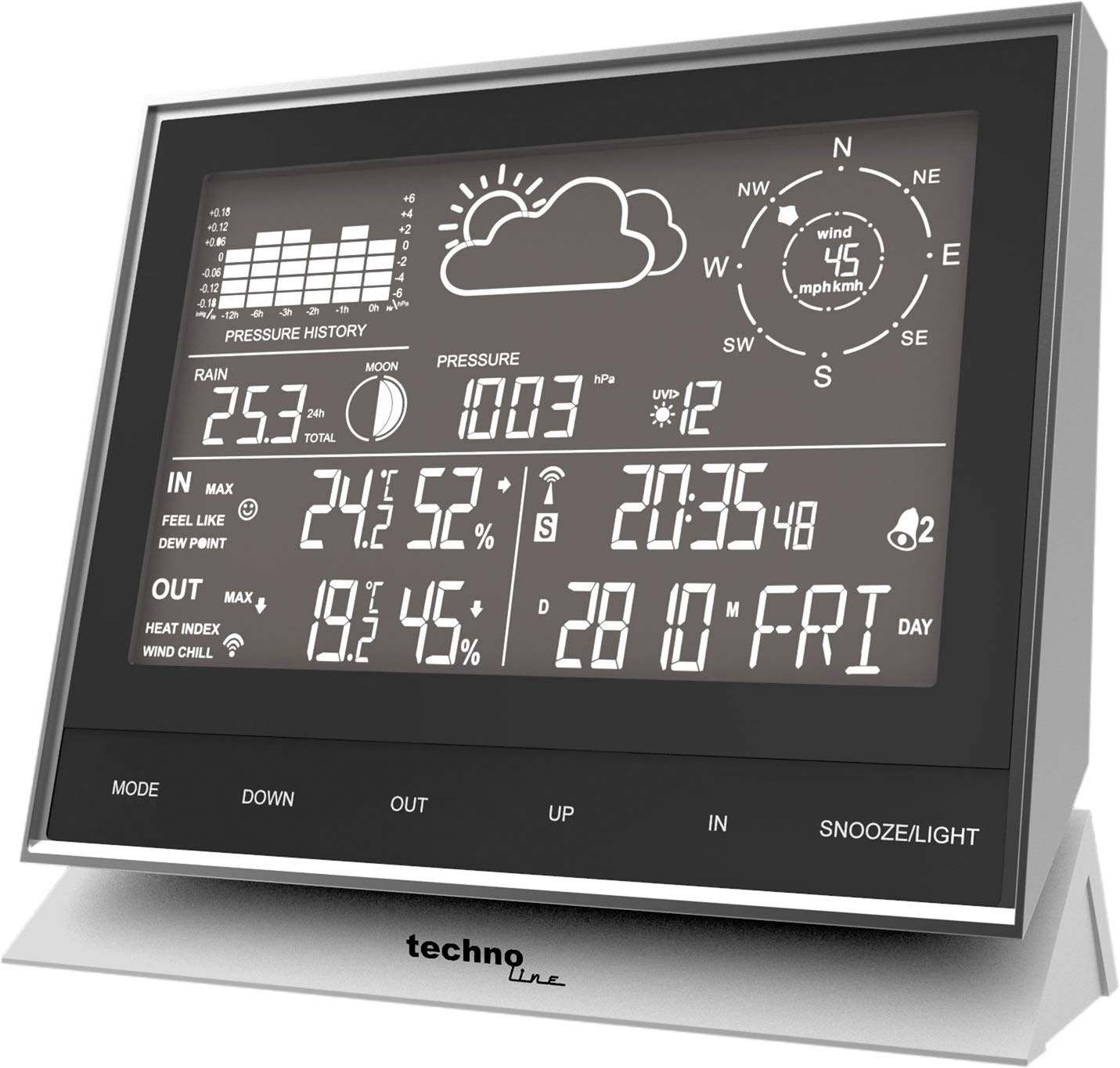 techno line WS 1700 Centrum pogodowe, kompaktowa stacja pogodowa, czarno-srebrna, 153 x 53 x 138 mm