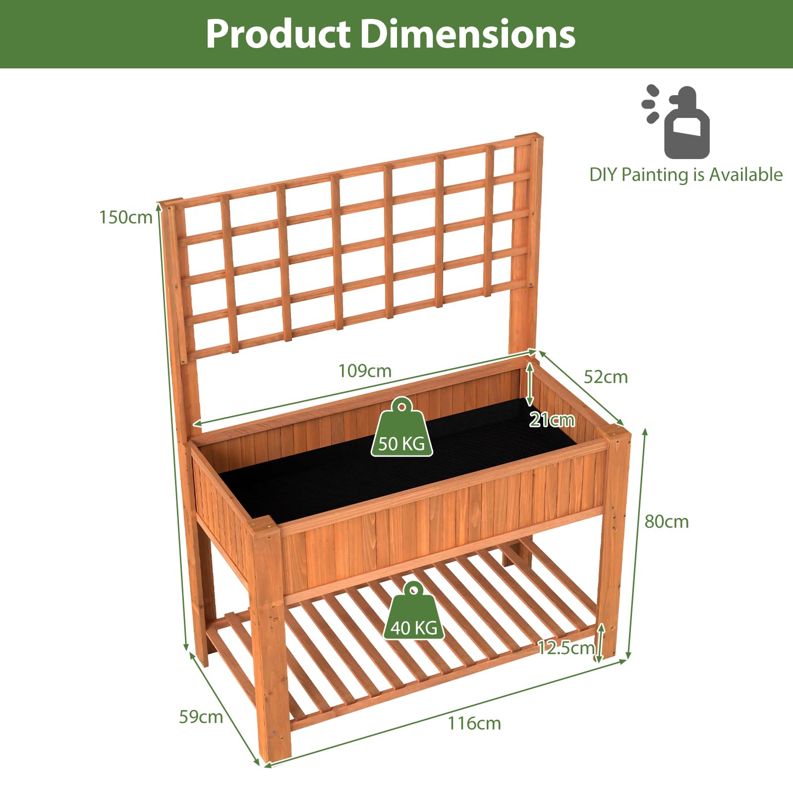HOMASIS Jardinera Elevada con Celosía sobre Pie,Huerto Urbano Terraza,Bandeja de Plantas de Madera para Planta Trepadora con Estante de Almacenamiento y Agujeros de Drenaje， (Marrón, 116x59x150cm)