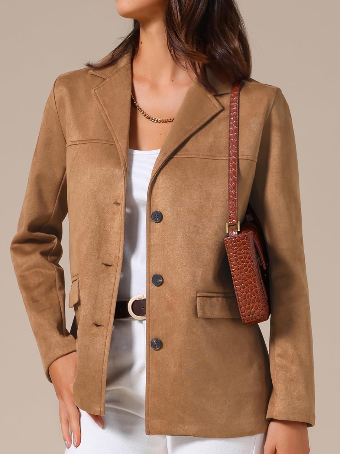 Allegra K Women's Faux Suede Blazer Business Casual Lapel Open Front Long Sleeve Work Office Jacket - Image 2