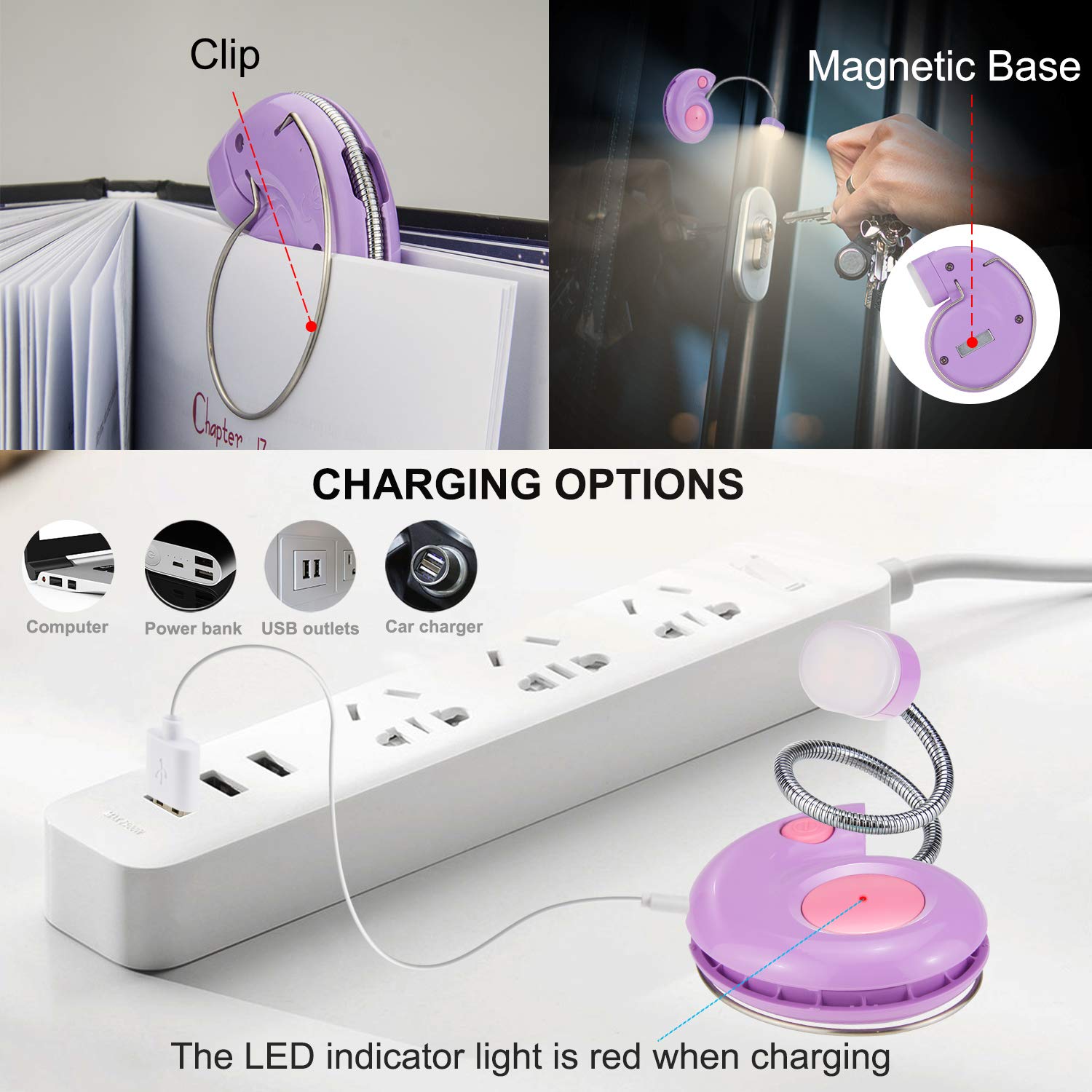 Buchlicht, HONGUT LED-Leselicht, Leselichter für Bücher im Bett, USB wiederaufladbares Buch-Leselicht, 3 Helligkeiten, dimmbar, Buchlicht für Kinder, Bücherwürmer, Reisen, Violett
