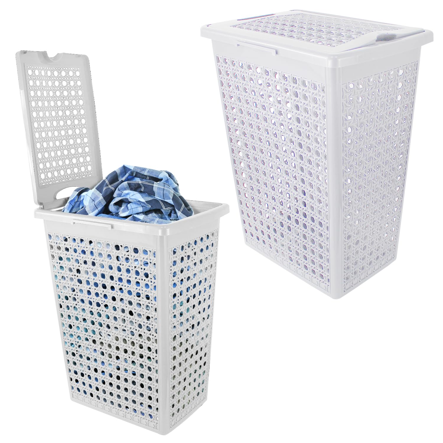 Daniel James Housewares White 48L Plastic Slimline Bathroom Washing Basket Laundry Linen Hamper Storage Clothes Bin Hinged Lid Rattan Style (White)