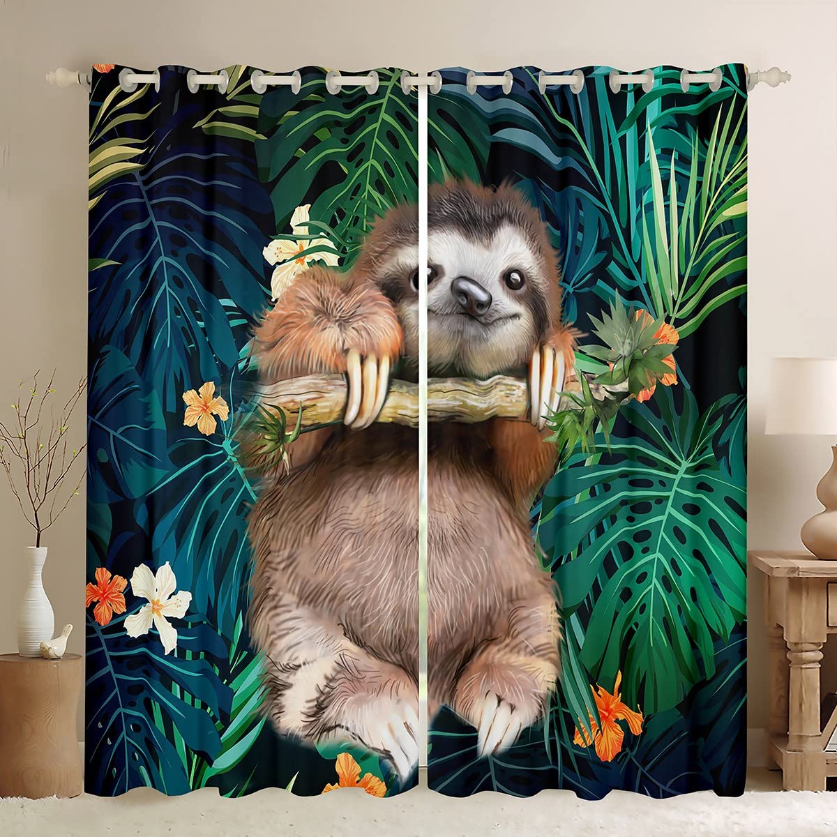 Loussiesd Cute Sloth Curtain Cartoon Animal Window Drapes for Kids Boys Girls Funny Lazy Sloth Tropical Leaves Floral Print Window Treatments Nature Themed Window Curtain Room Decor W46*L72