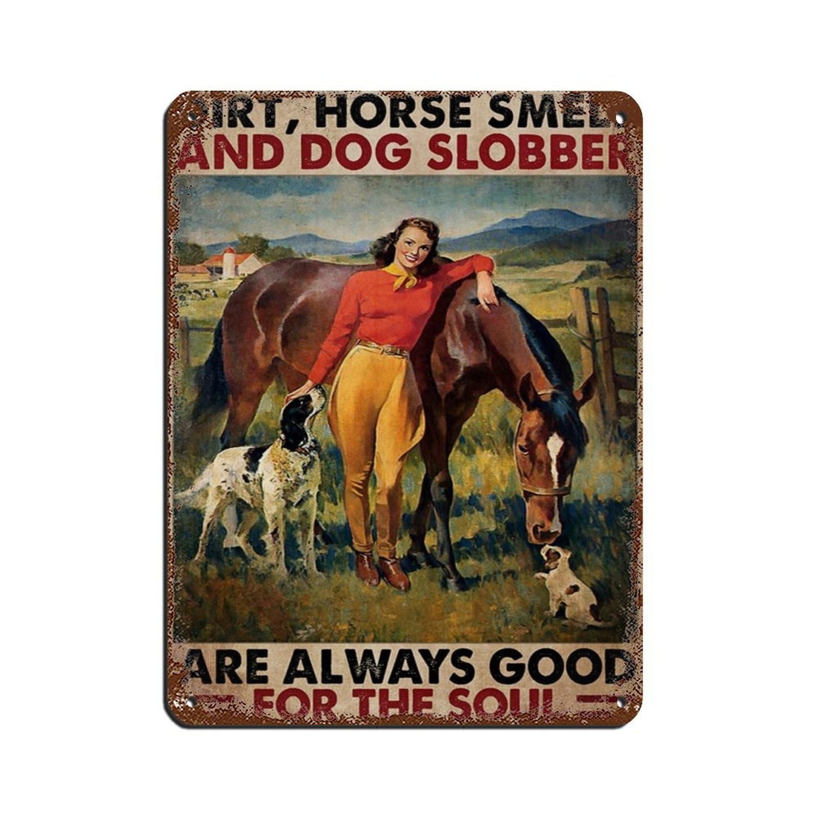 A Girl With Her Horse And Dog Poster Tin Sign Vintage Metal Pub Club Cafe Bar Home Wall Art Decoration Poster Retro 12x16inch(30x40cm)