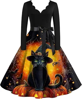 OIOLOYJM Sexy Plus Size Halloween Costumes Woman 2025 Long Sleeve V Neck Printed Gothic Retro Formal Party Dresses for Women